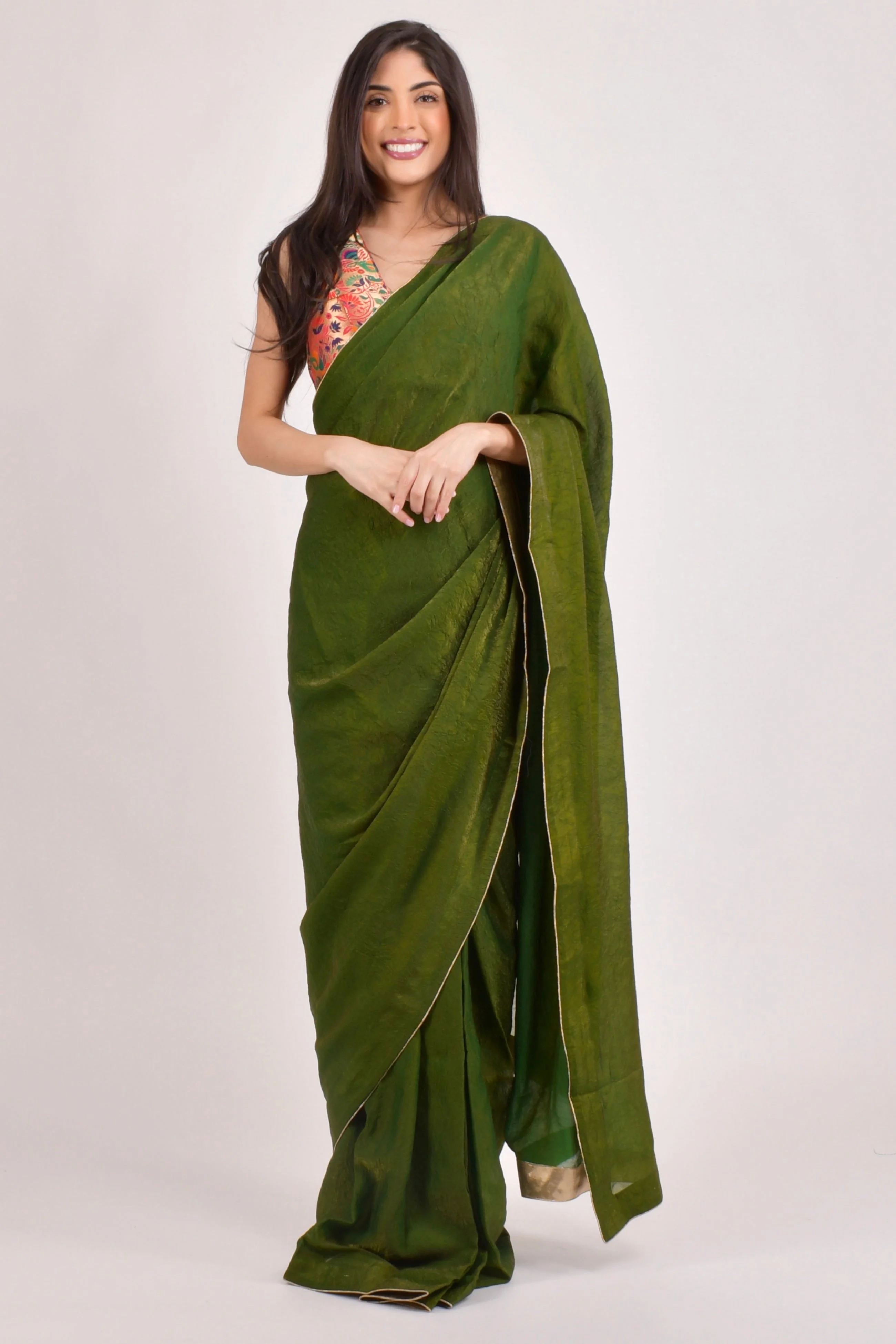Zaya Green Pre-Pleated Saree with brocade Blouse — Crushed Silk, Ready in 30 Seconds