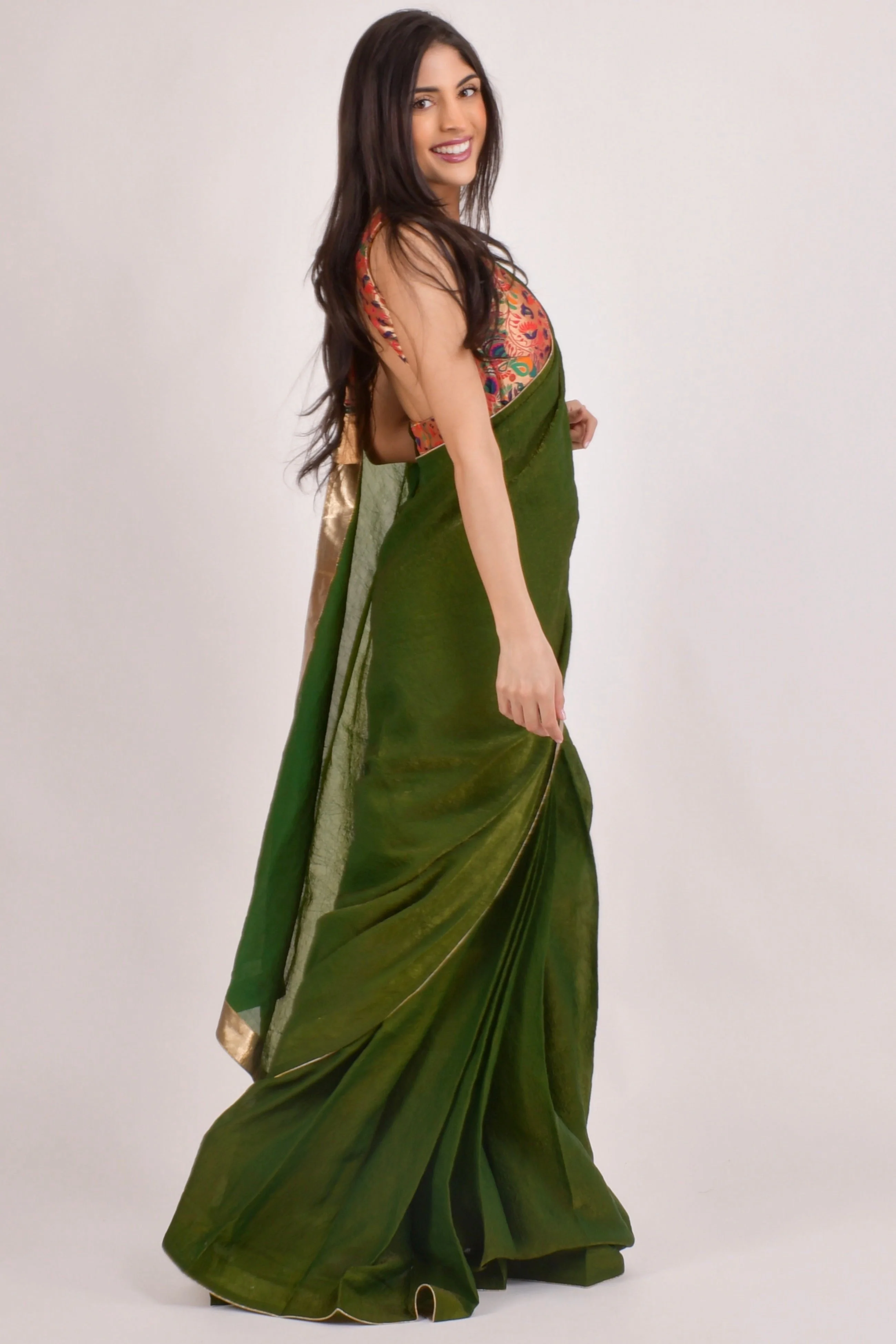 Zaya Green Pre-Pleated Saree with brocade Blouse — Crushed Silk, Ready in 30 Seconds - Image 4