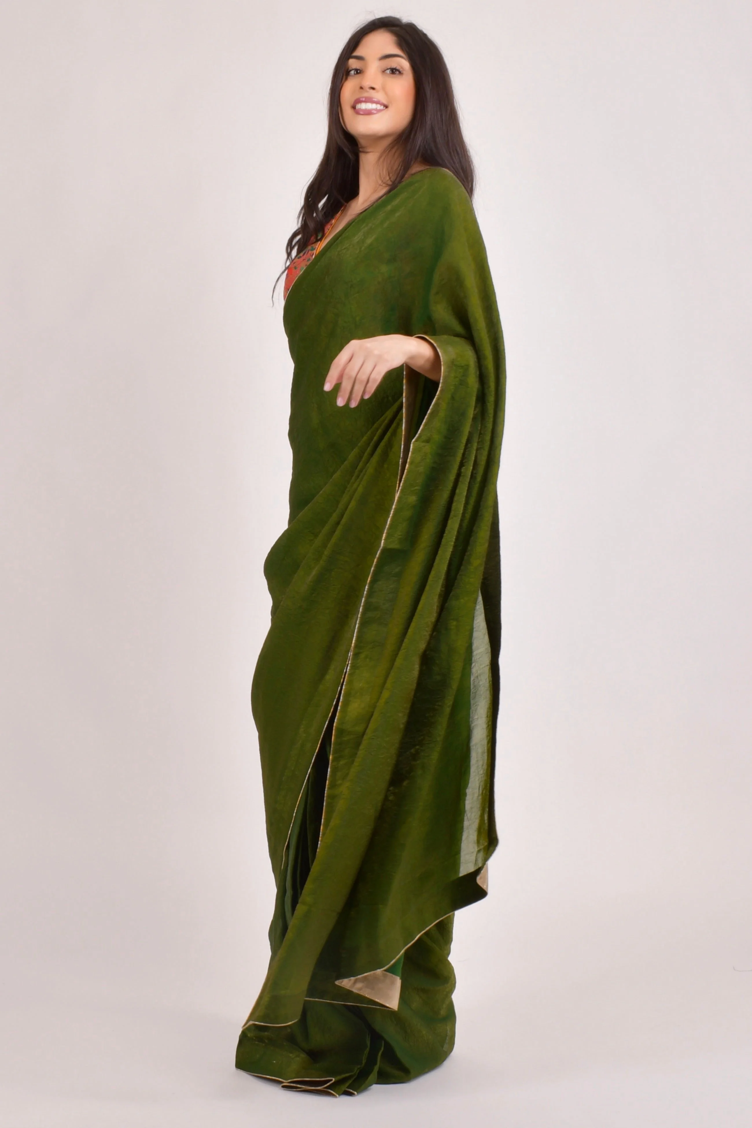 Zaya Green Pre-Pleated Saree with brocade Blouse — Crushed Silk, Ready in 30 Seconds - Image 5