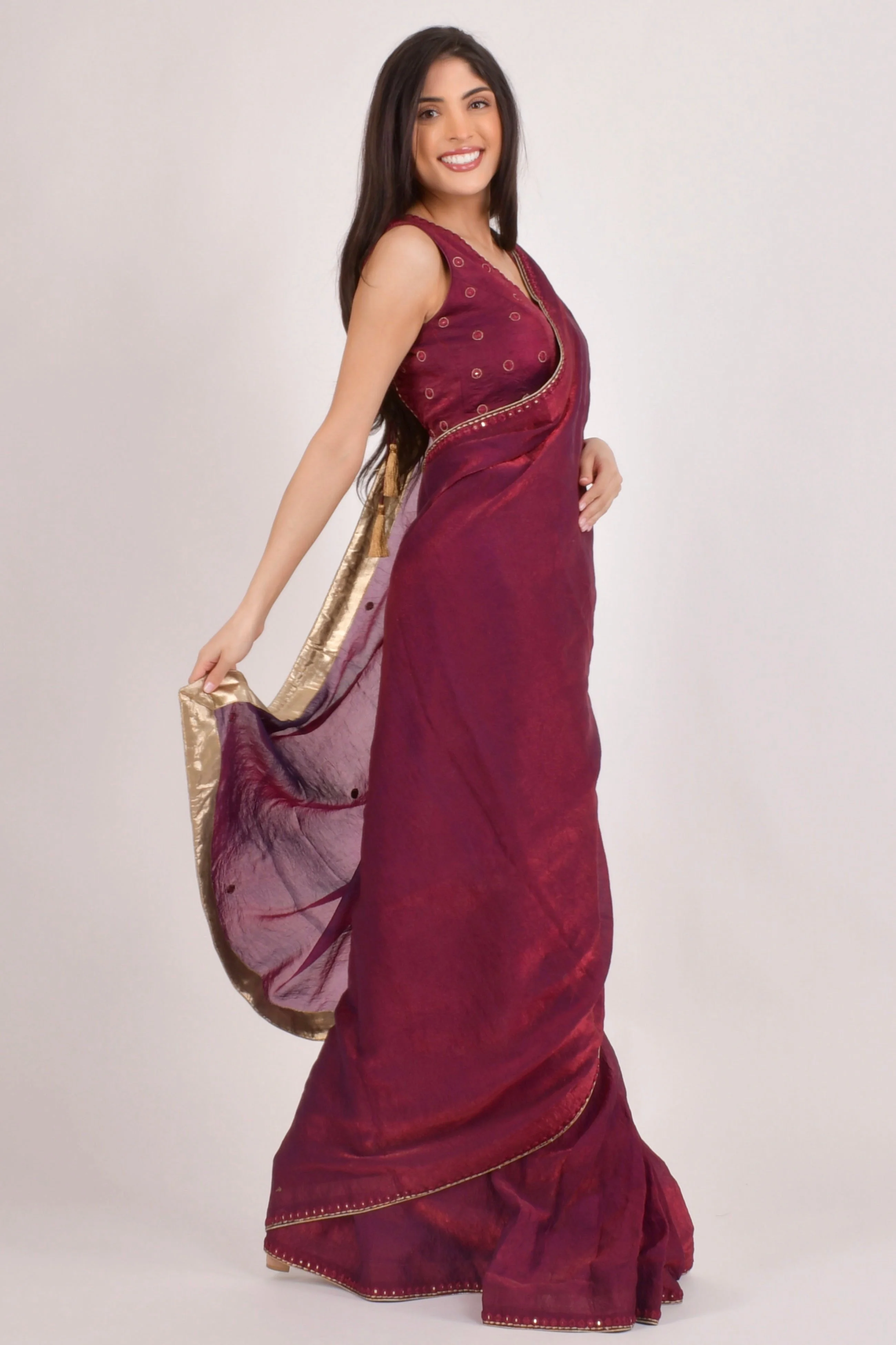 Wine Pre Draped Saree - Hand Embroidered Mirror Work Ready to Wear Saree - Image 3