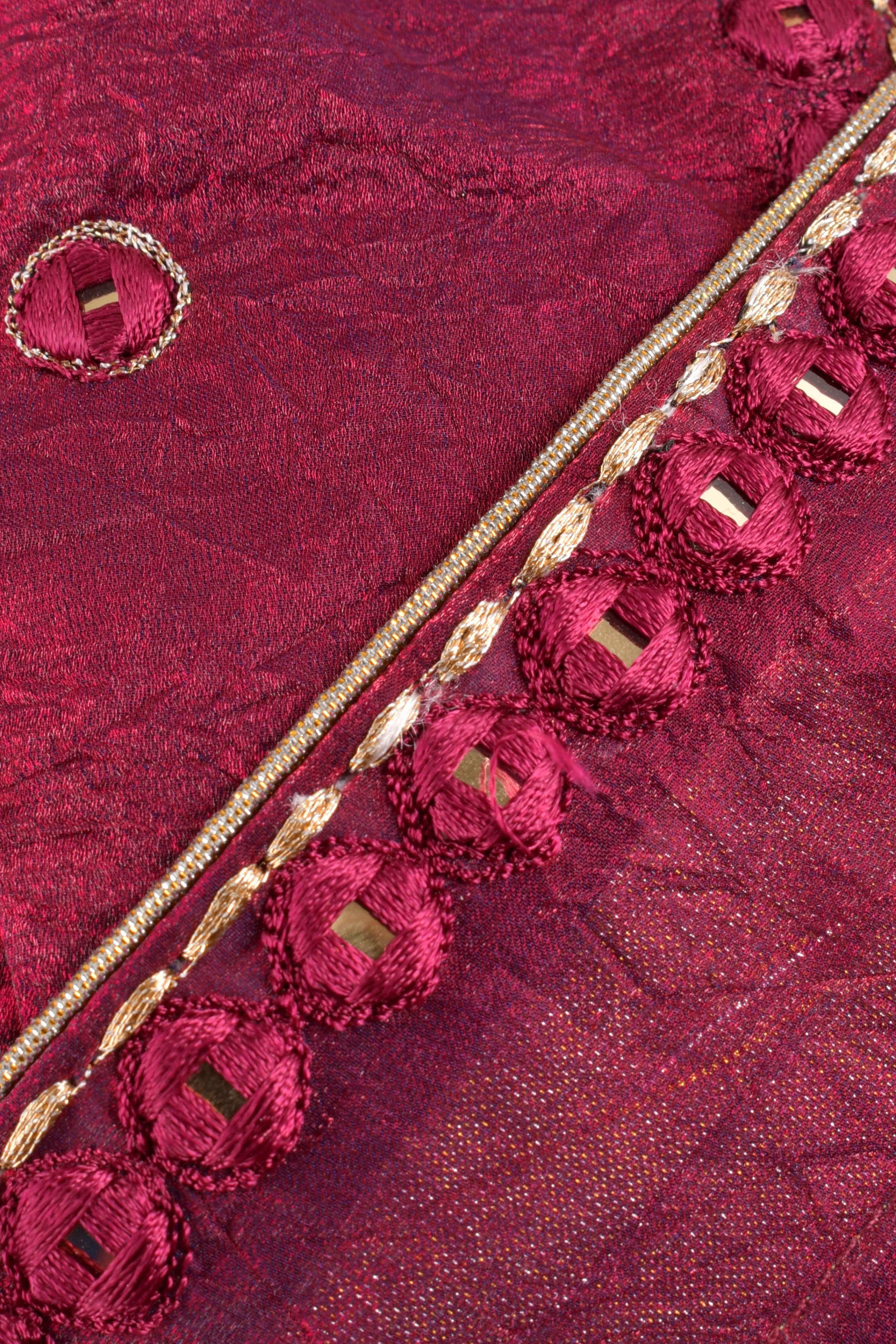 Wine Pre Draped Saree - Hand Embroidered Mirror Work Ready to Wear Saree - Image 4