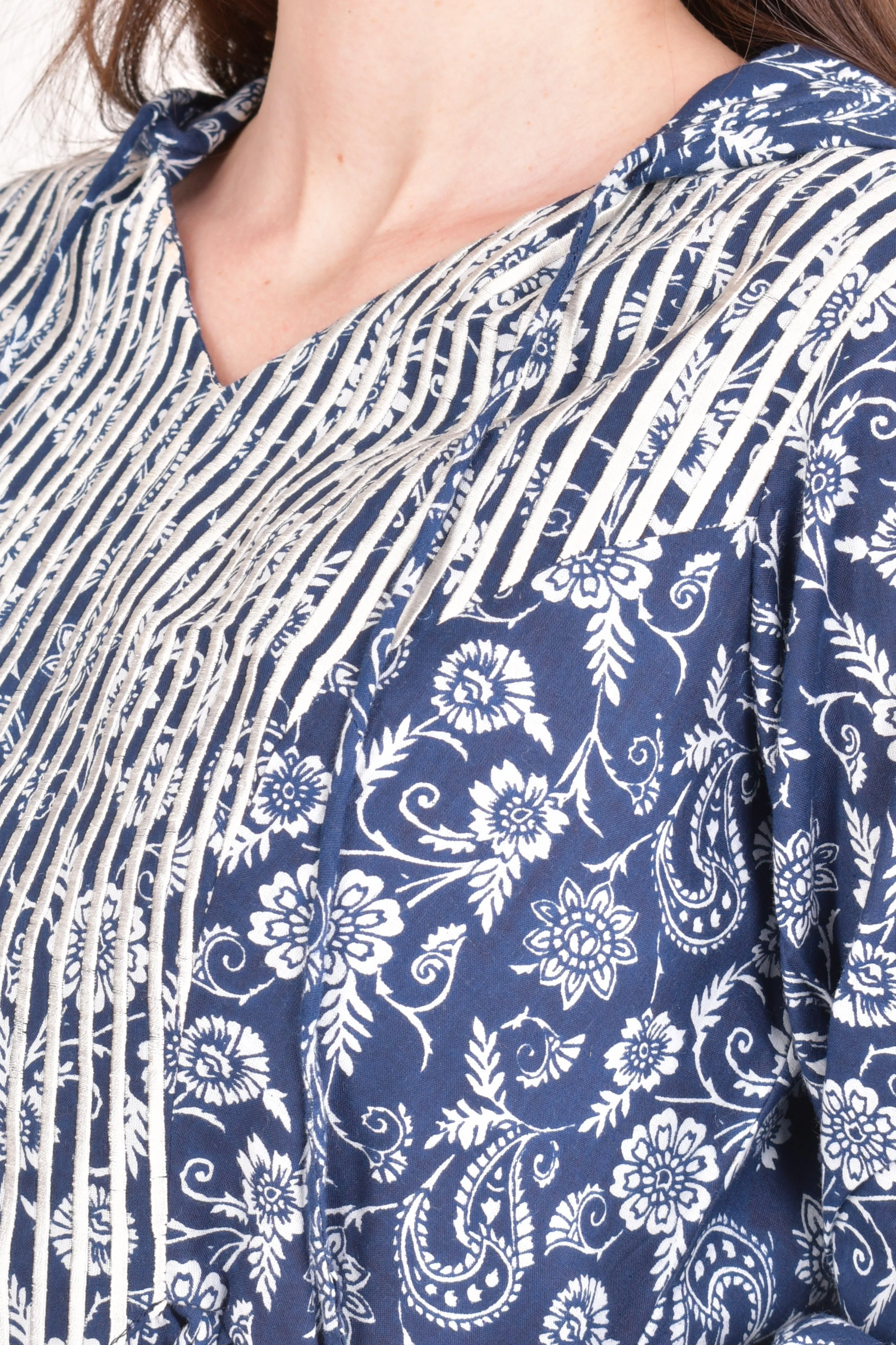 Blue Cotton Floral Embroidered Hoodie Mini Dress - Image 3