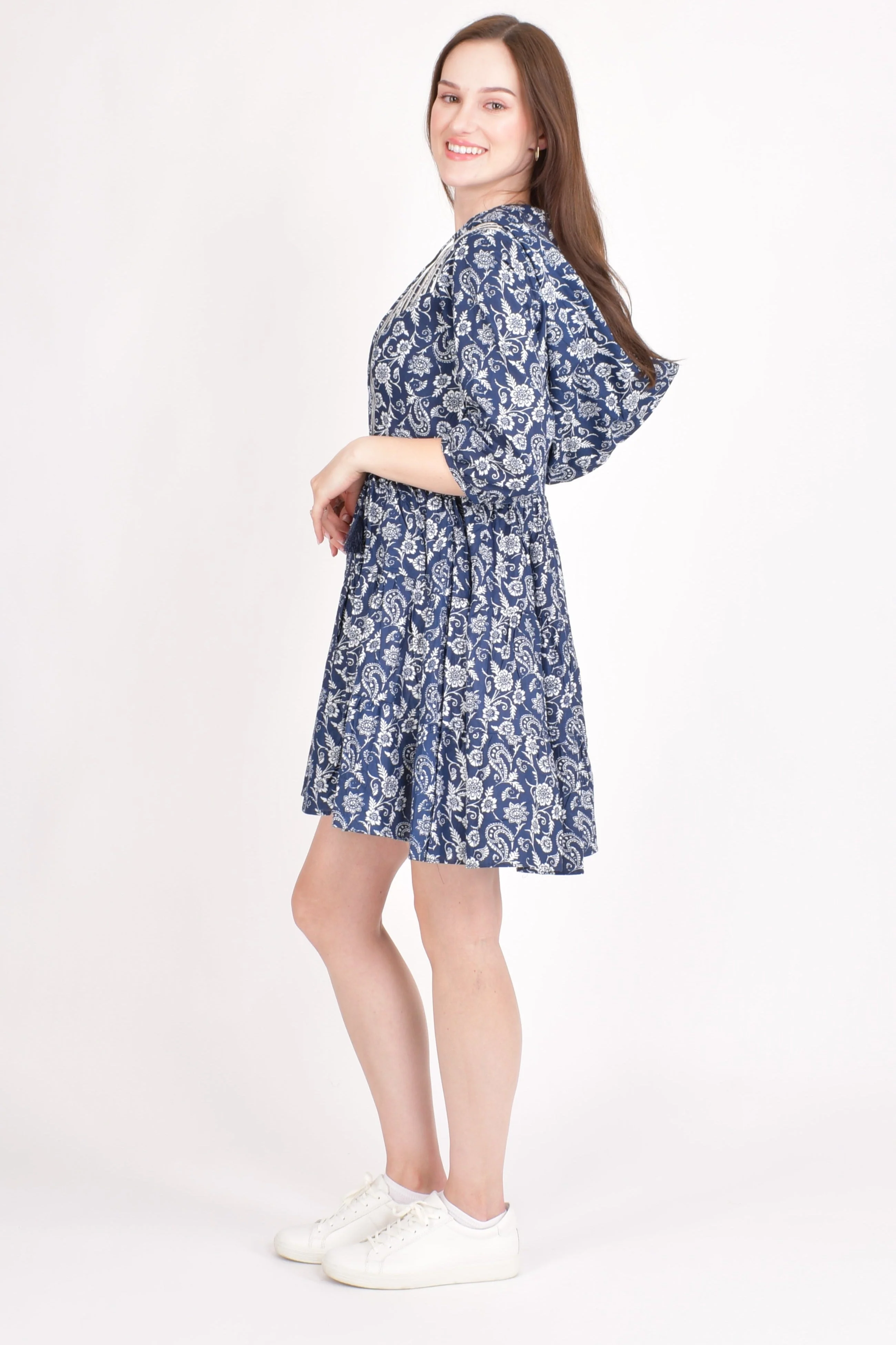 Blue Cotton Floral Embroidered Hoodie Mini Dress - Image 4