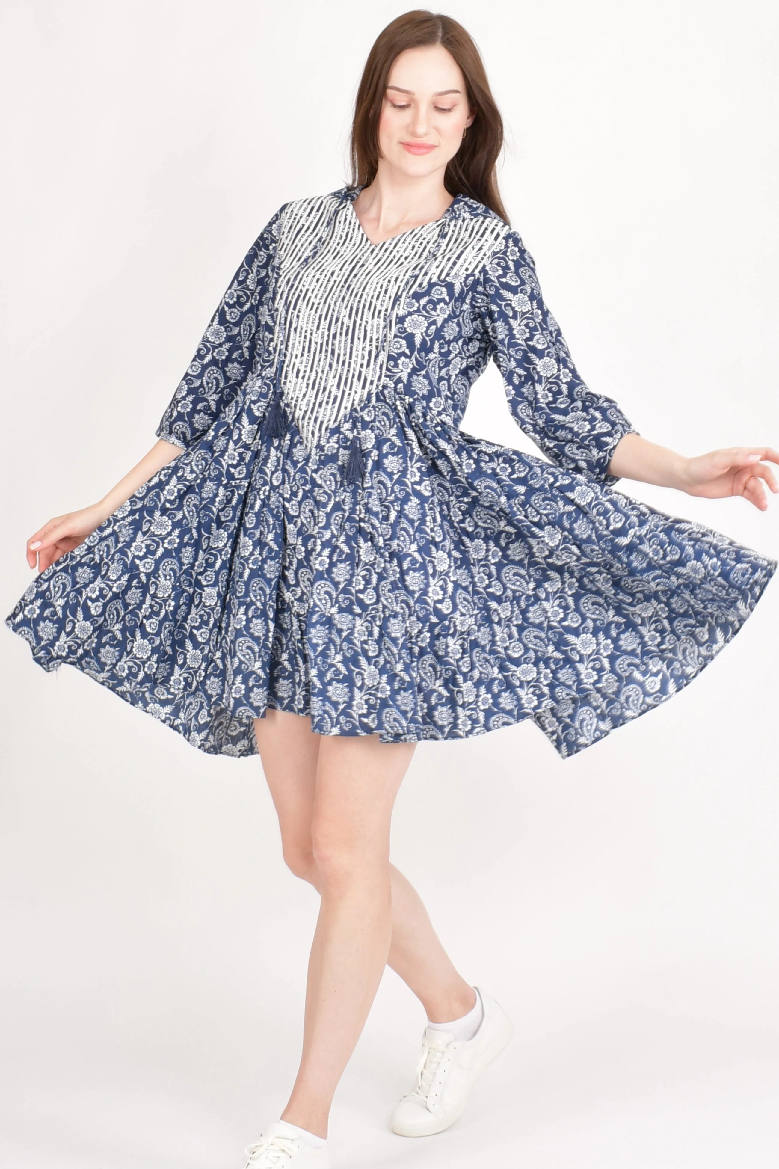 Blue Cotton Floral Embroidered Hoodie Mini Dress - Image 5