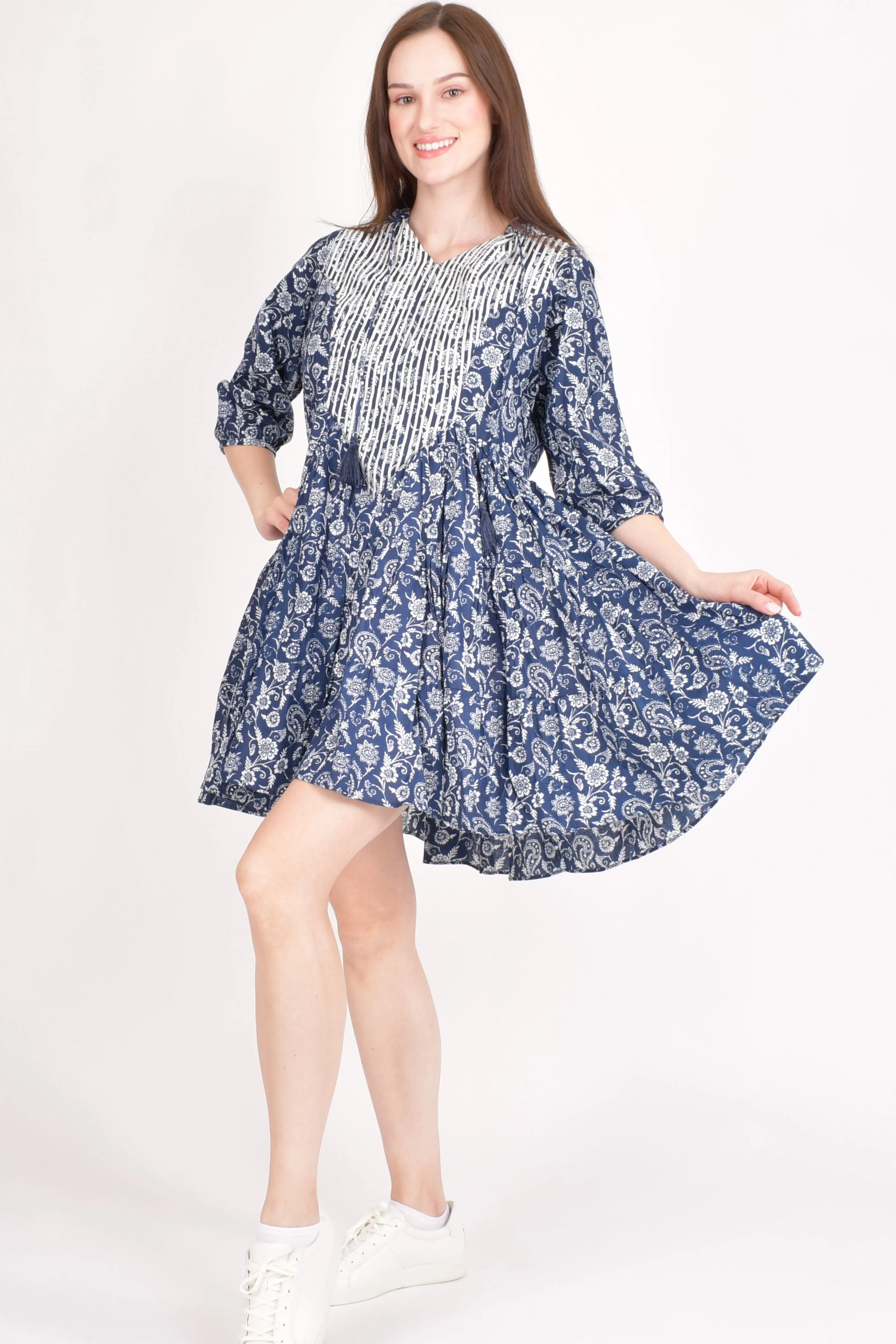Blue Cotton Floral Embroidered Hoodie Mini Dress - Image 6