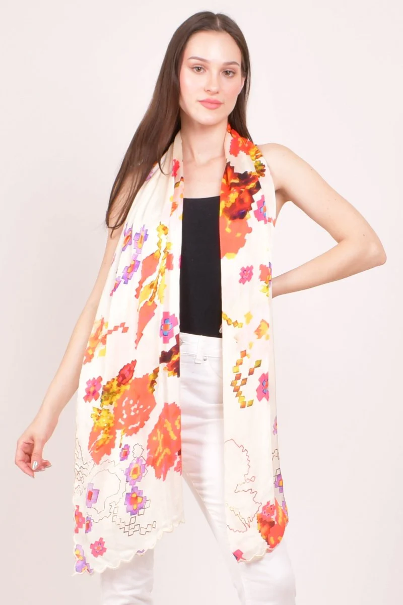 Ivory Floral Printed Viscose Scarf with Cutwork Border