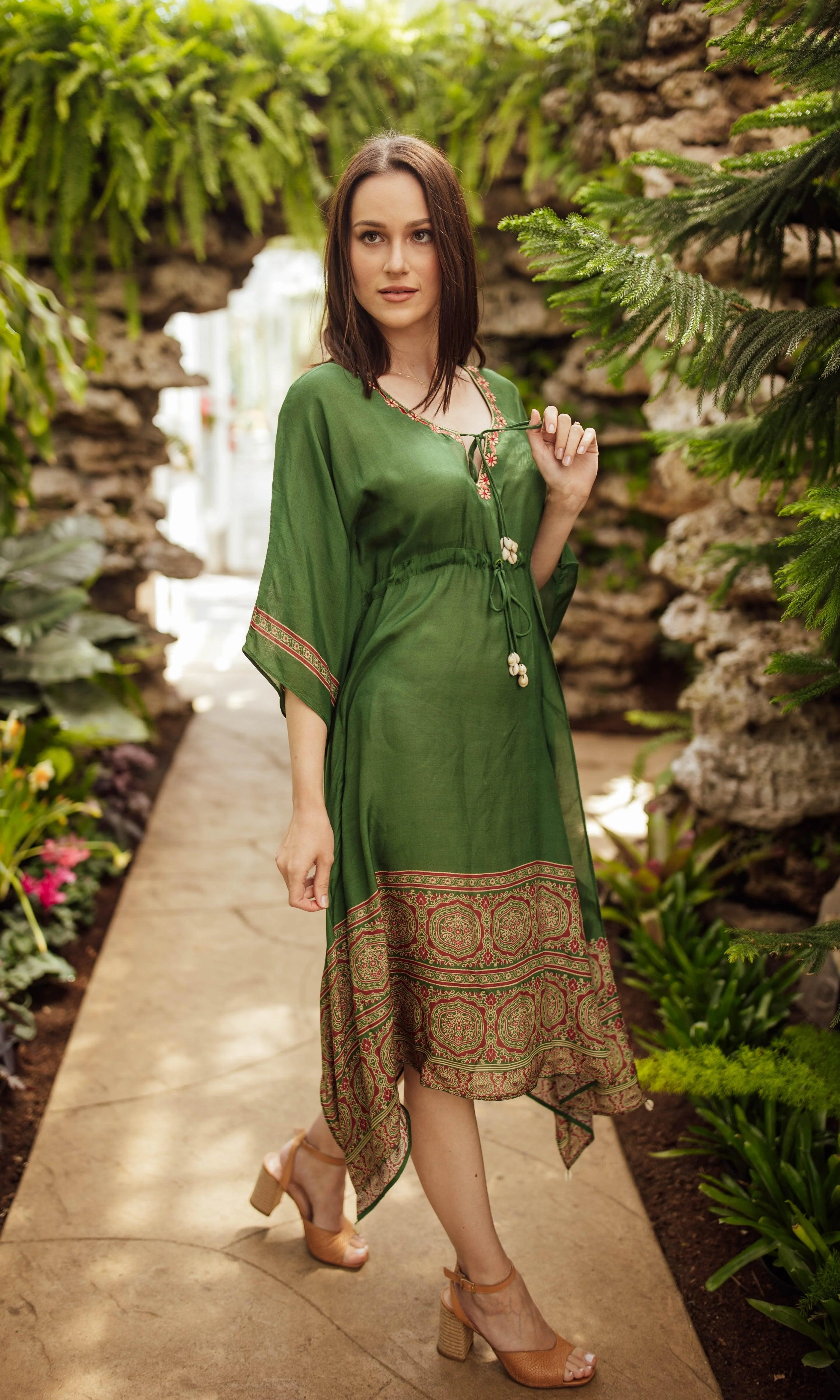Green Ajrakh Print Embroidered Kaftan - Image 3