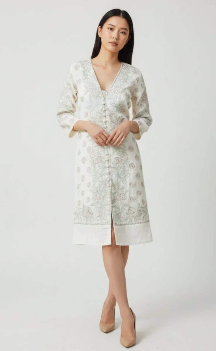 Midi Dress with Floral Hand Embroidery