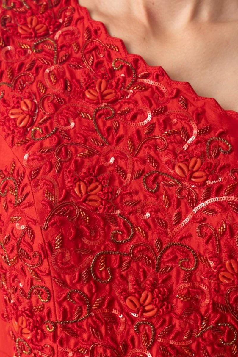 Raw Silk Red One Shoulder Gown - Image 3