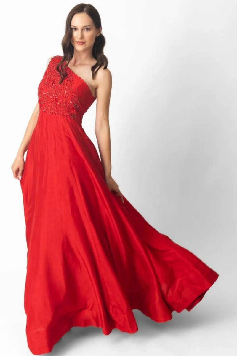 Raw Silk Red One Shoulder Gown - Image 4