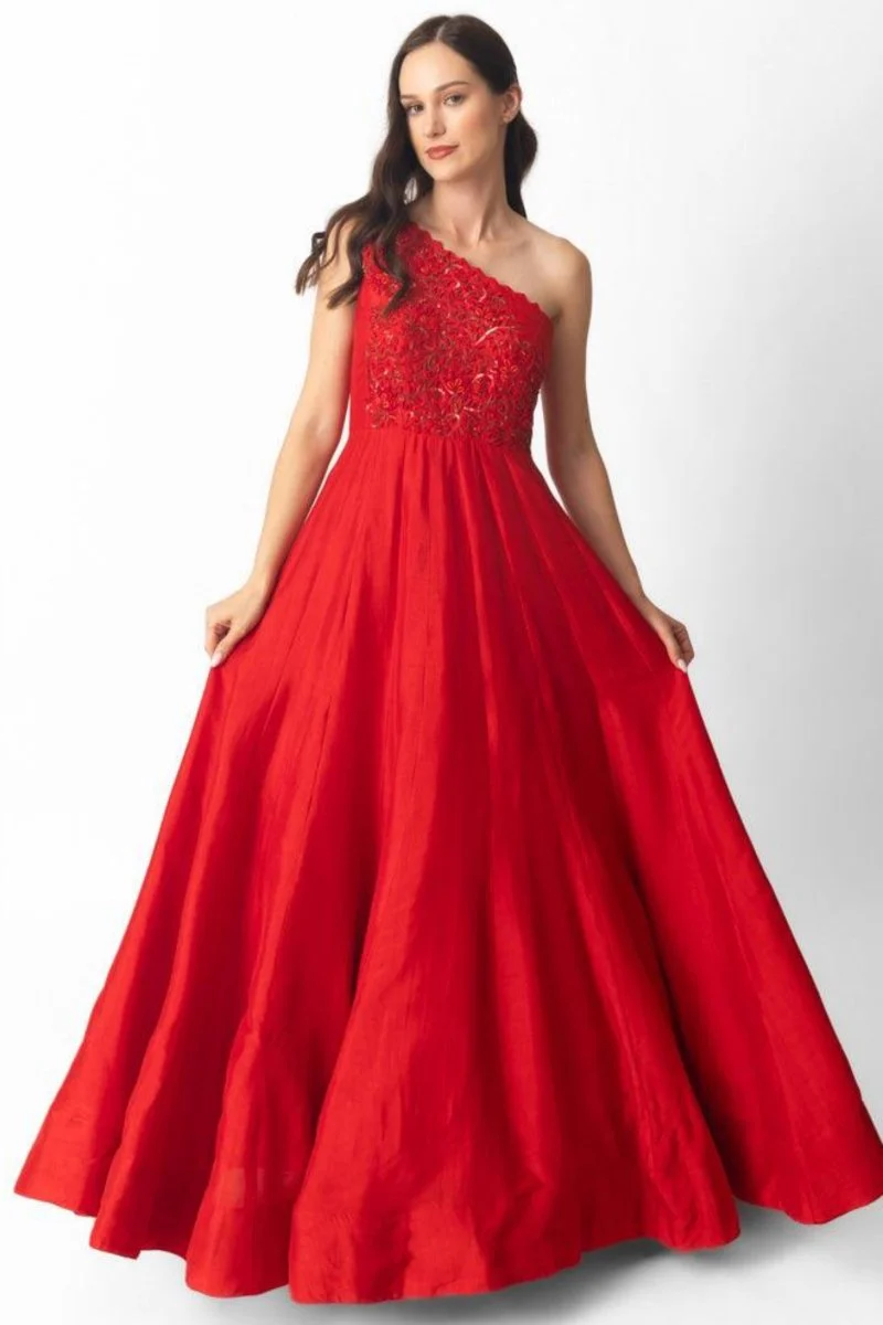 Raw Silk Red One Shoulder Gown - Image 6