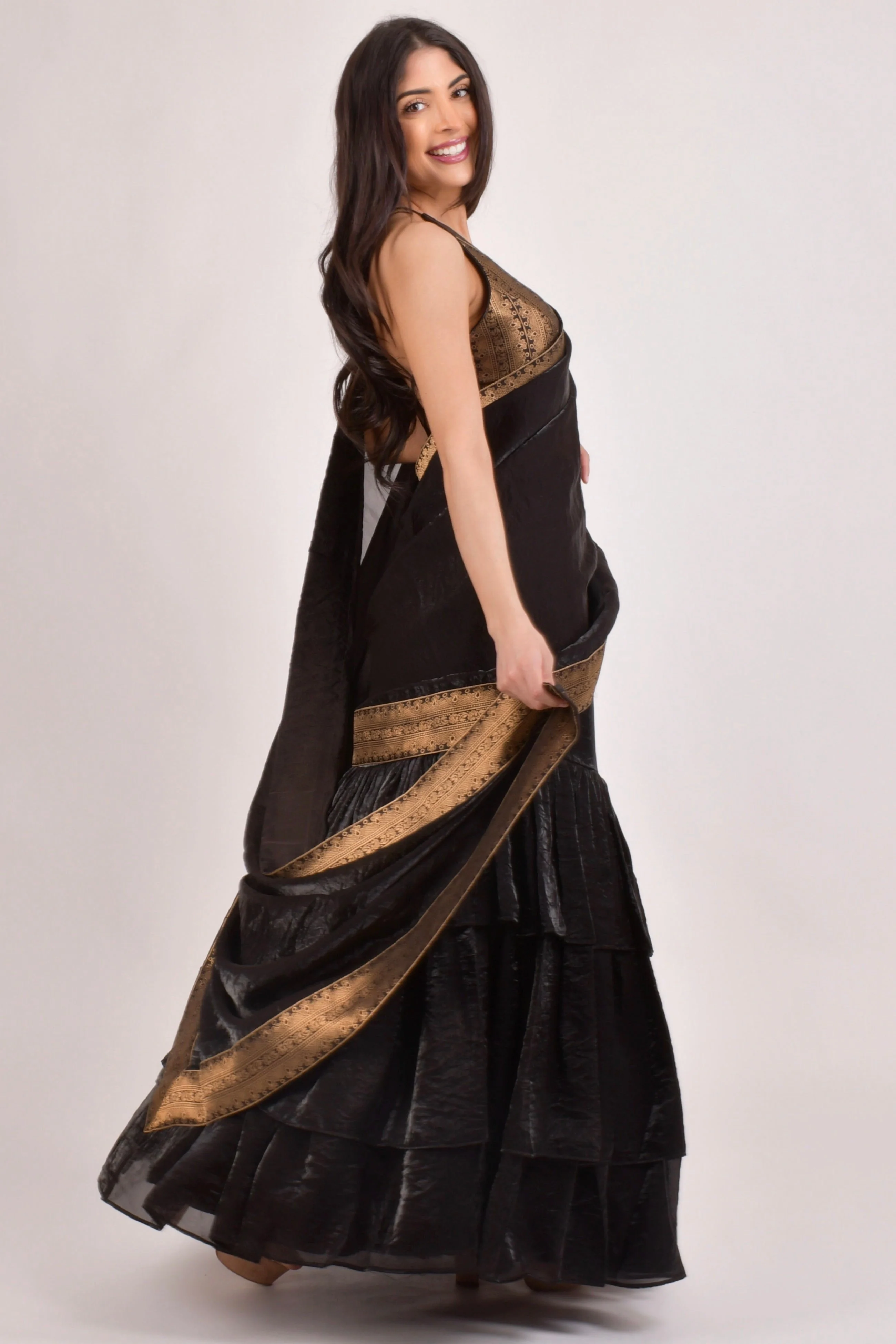 Black Ruffle Saree - Pre-Stitched Ready to Wear Saree with Jacquard Border - Image 4