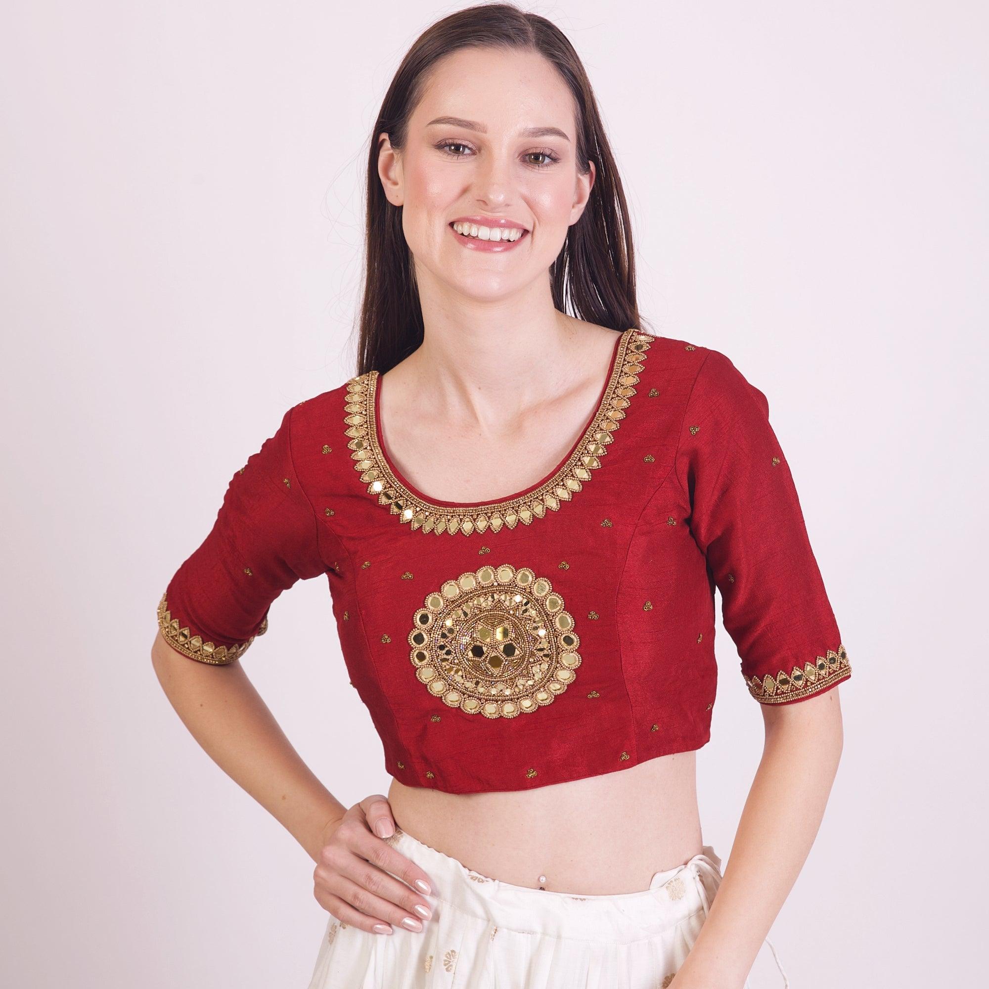 Maroon Hand Embroidered Silk Saree Blouse with Elbow Sleeves