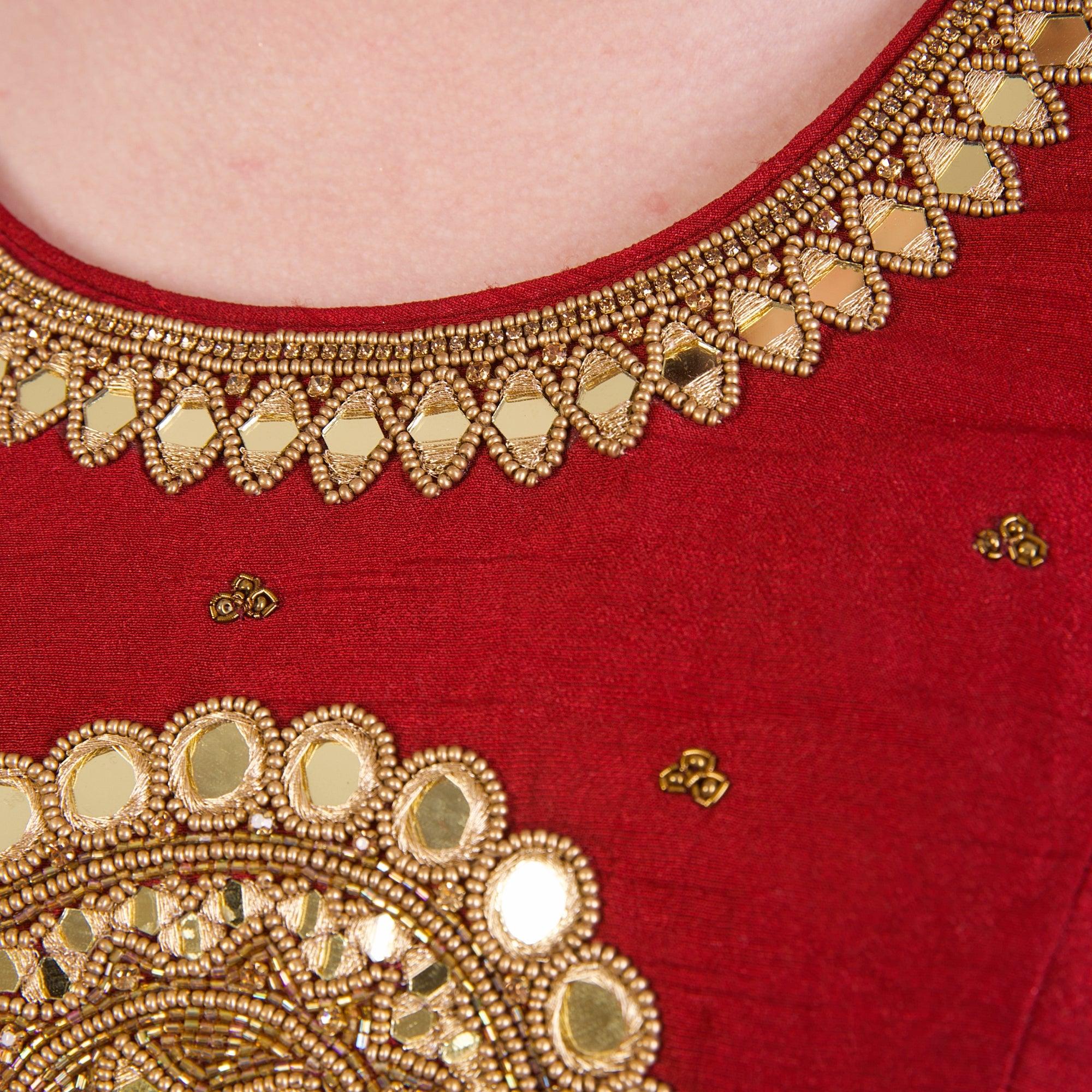 Maroon Hand Embroidered Silk Saree Blouse with Elbow Sleeves - Image 3