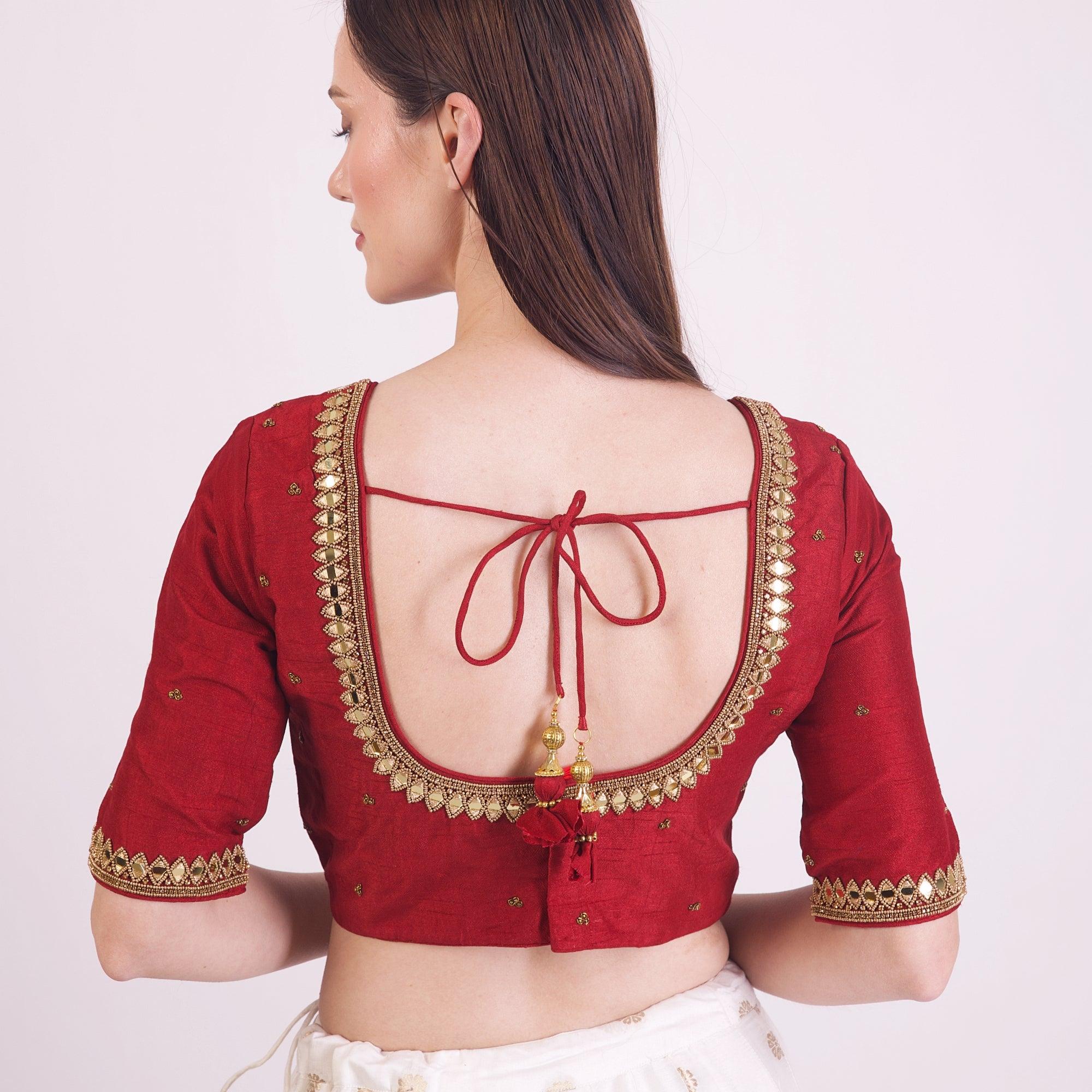 Maroon Hand Embroidered Silk Saree Blouse with Elbow Sleeves - Image 4
