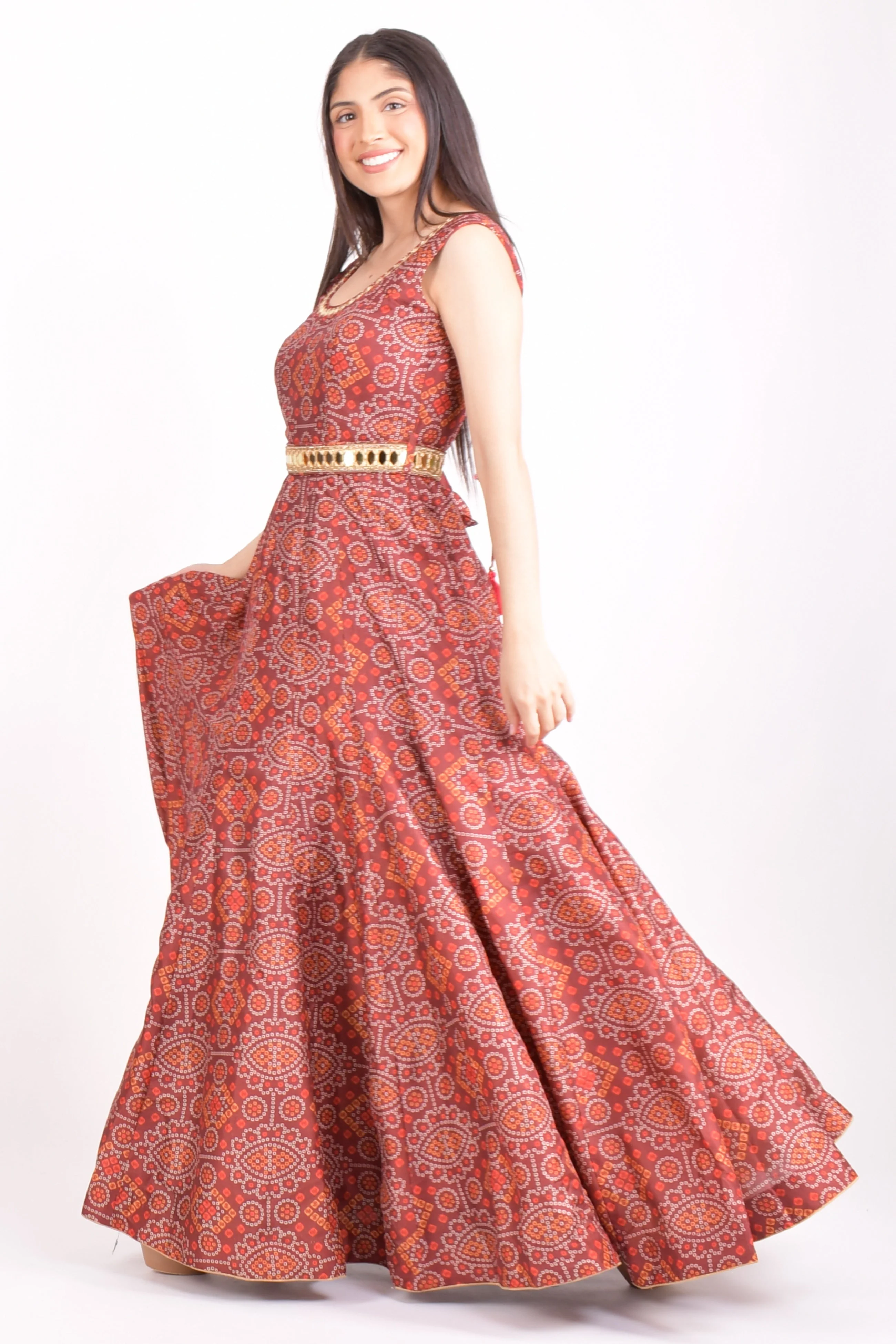 Maroon Silk Bandhani Gown - Image 4