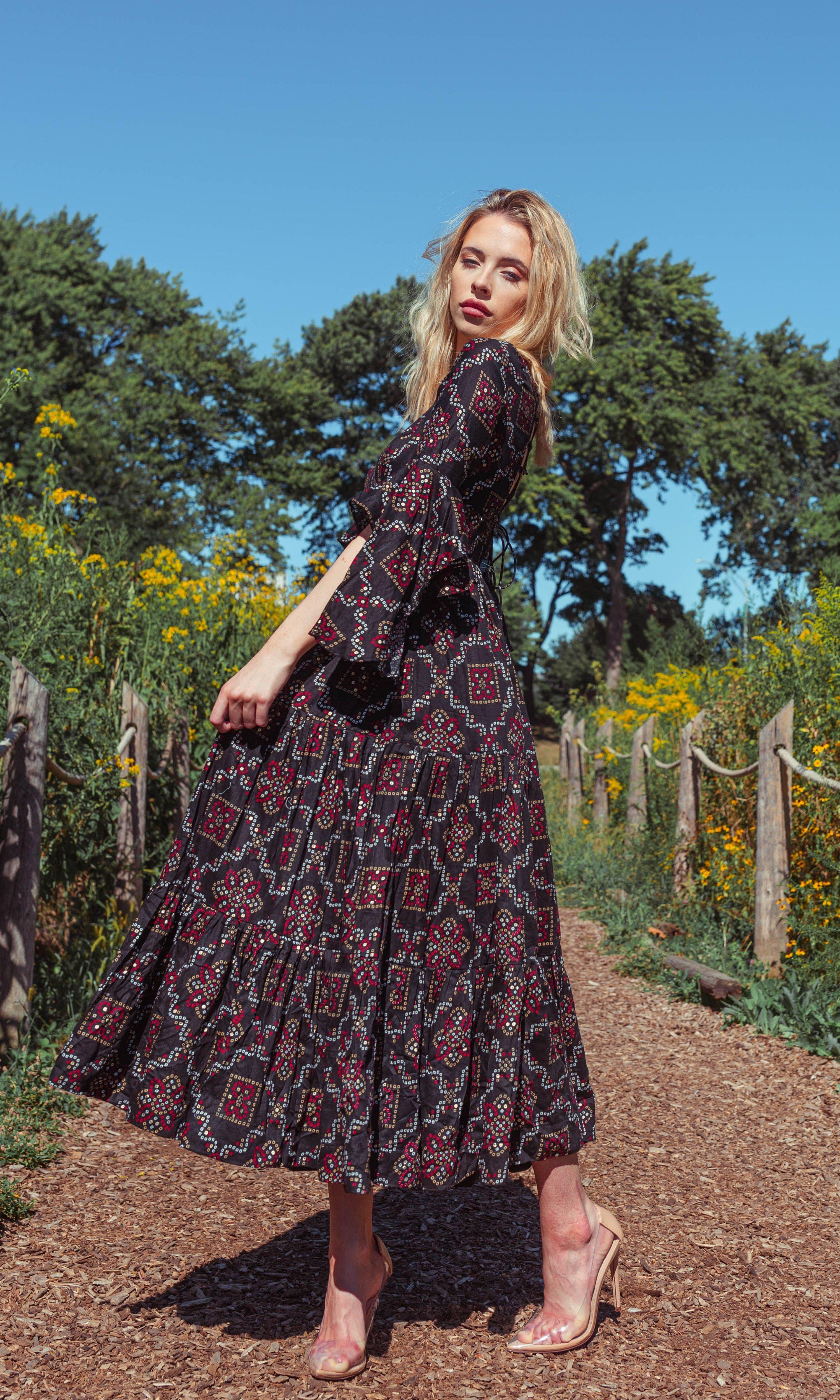 Boho Inspired Midi Dress with Ruffle Sleeves - Image 3