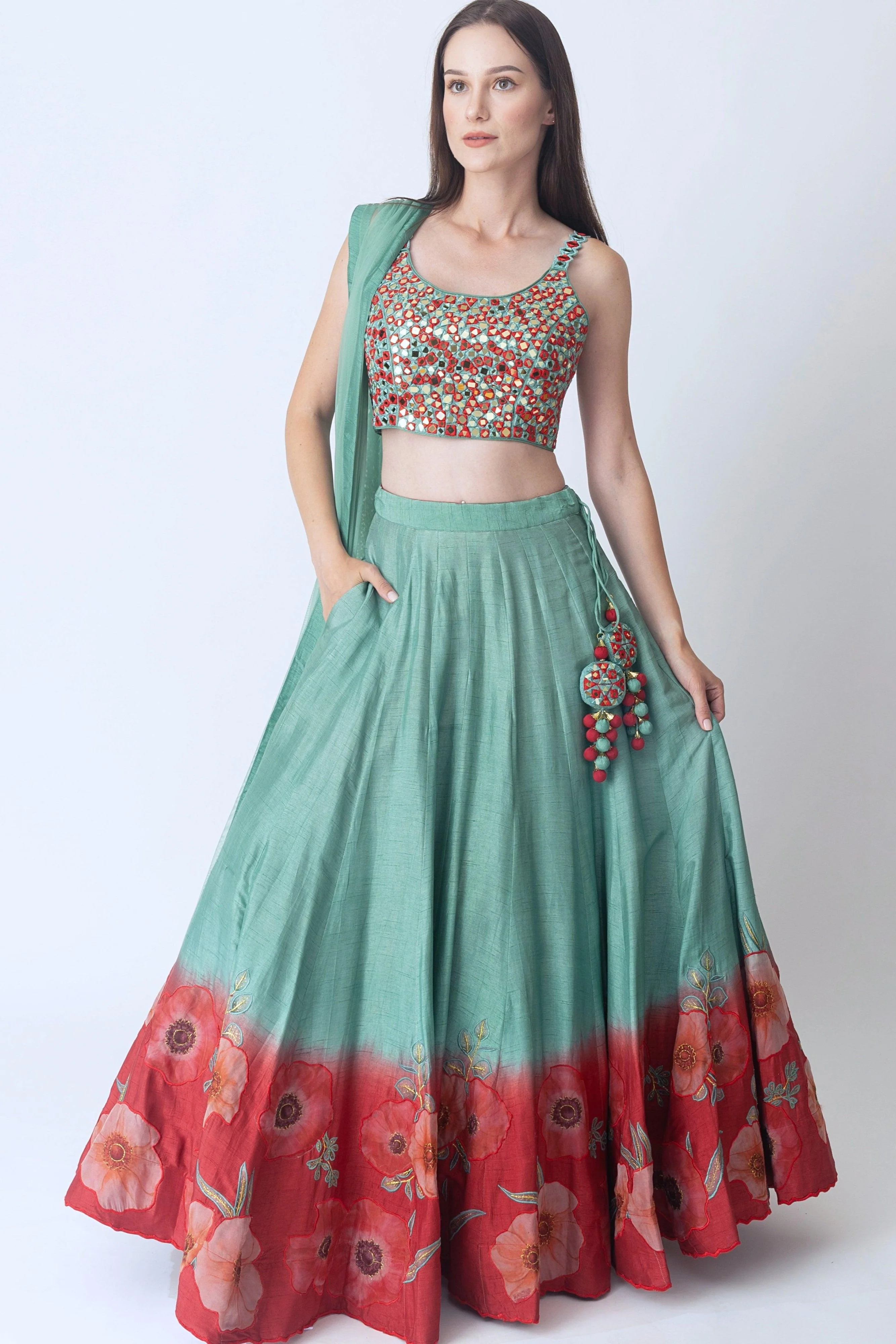 Mint Green Lehenga with Embroidered Blouse and Dupatta - Image 4