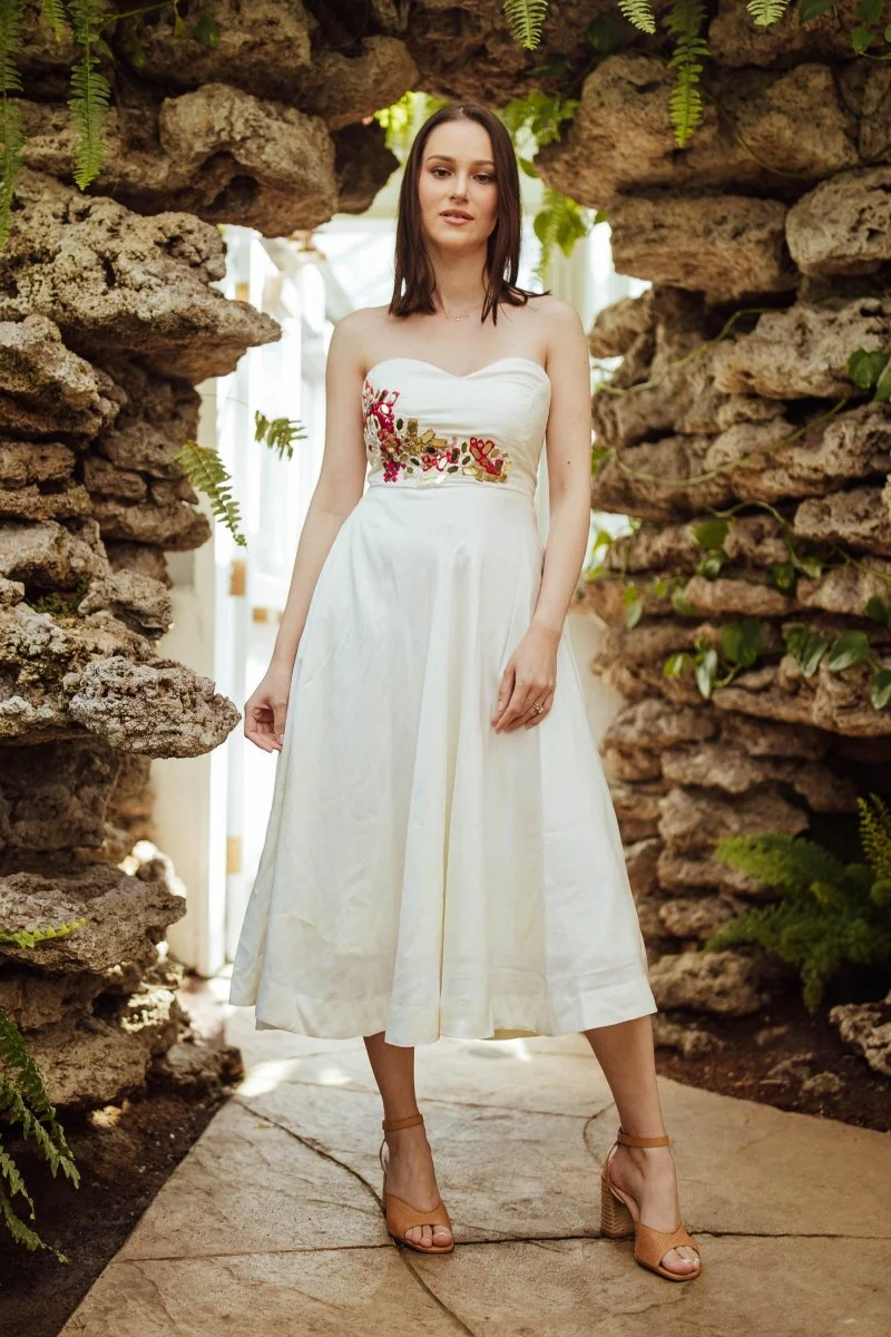 Midi Strapless Dress with Hand Embroidery