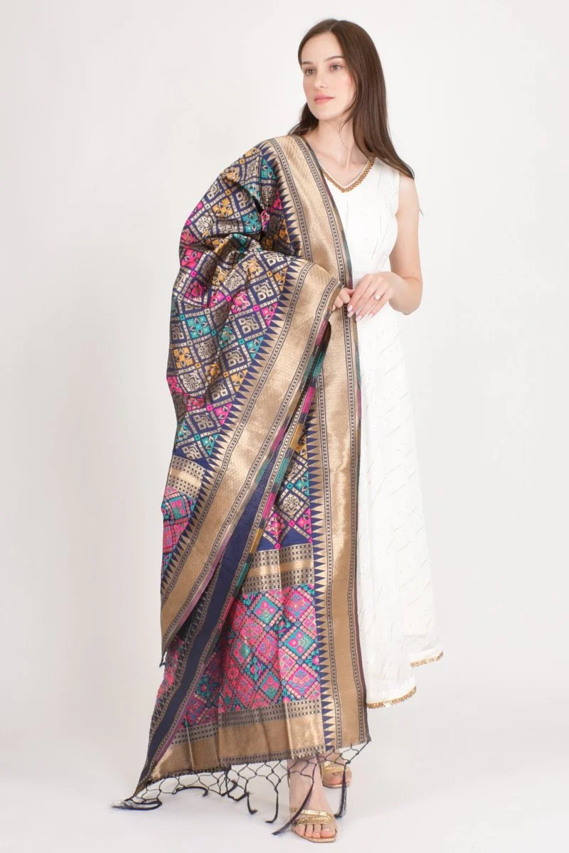 Multicolor Jacquard Dupatta With Tassels - Image 3