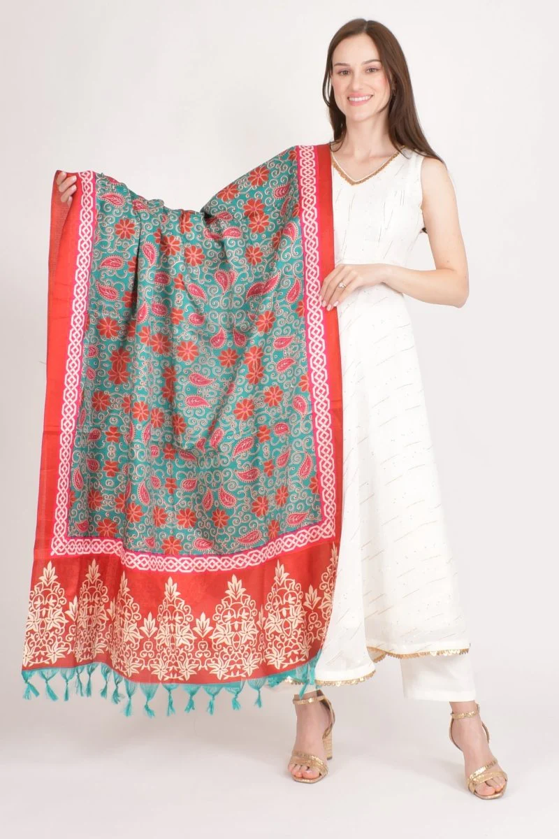 Multicolor Printed Cotton Silk Dupatta Scarf With Tassels