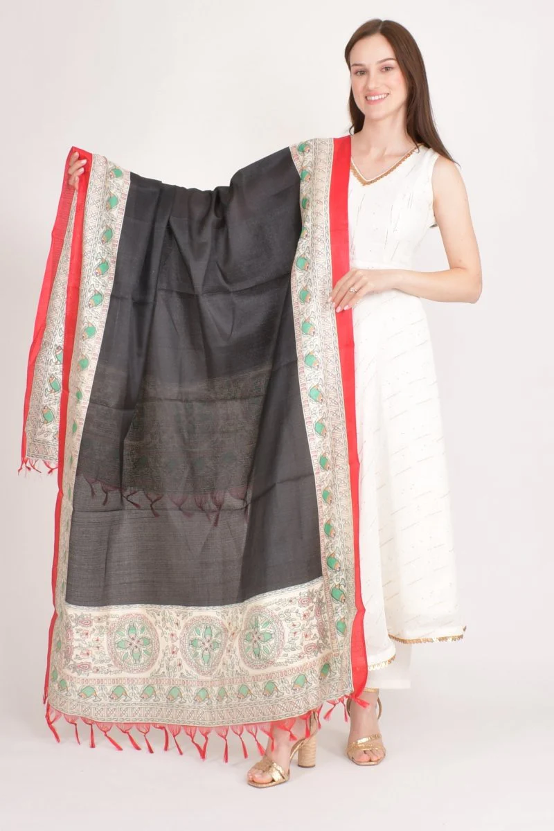 Multicolor Printed Cotton Silk Dupatta With Tassels