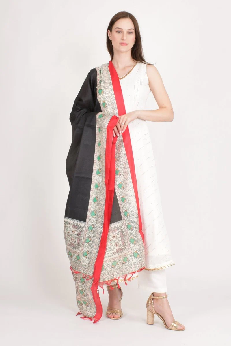 Multicolor Printed Cotton Silk Dupatta With Tassels - Image 2