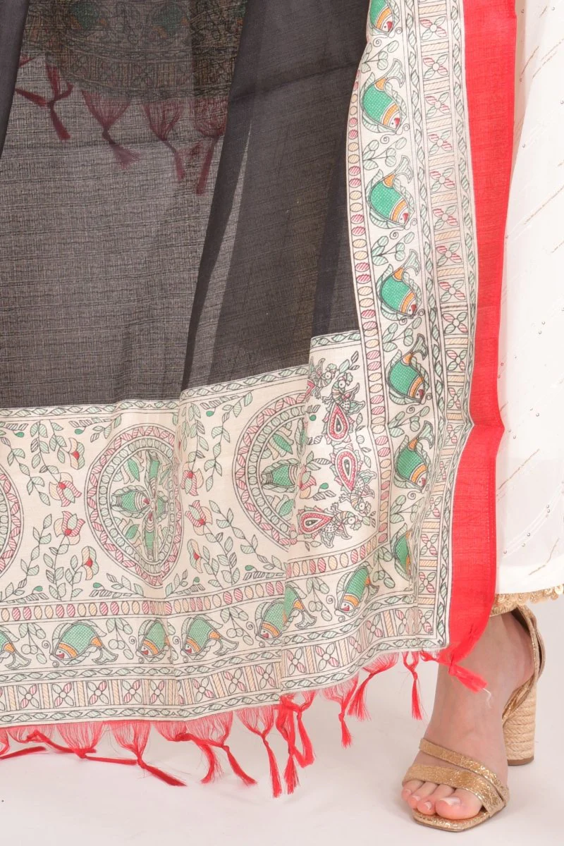 Multicolor Printed Cotton Silk Dupatta With Tassels - Image 4