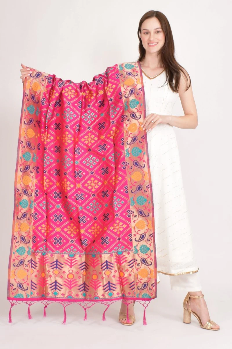 Multicolor Silk Jacquard Dupatta With Hangings