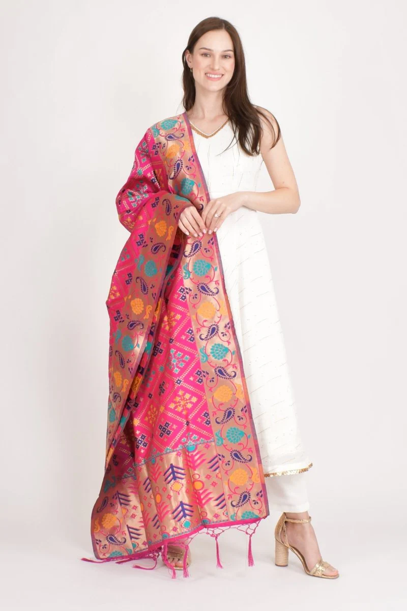Multicolor Silk Jacquard Dupatta With Hangings - Image 2