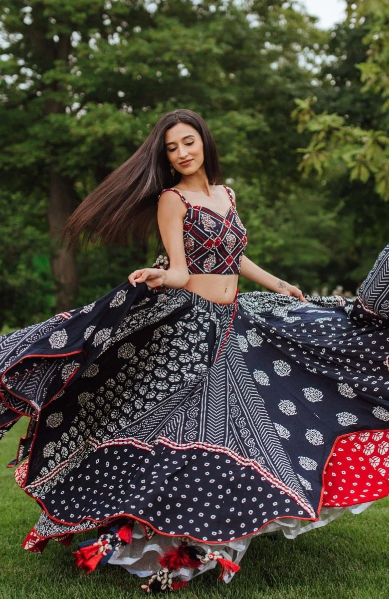 Navy Blue Block Print Full Flare Chaniya Choli for Garba - Image 4