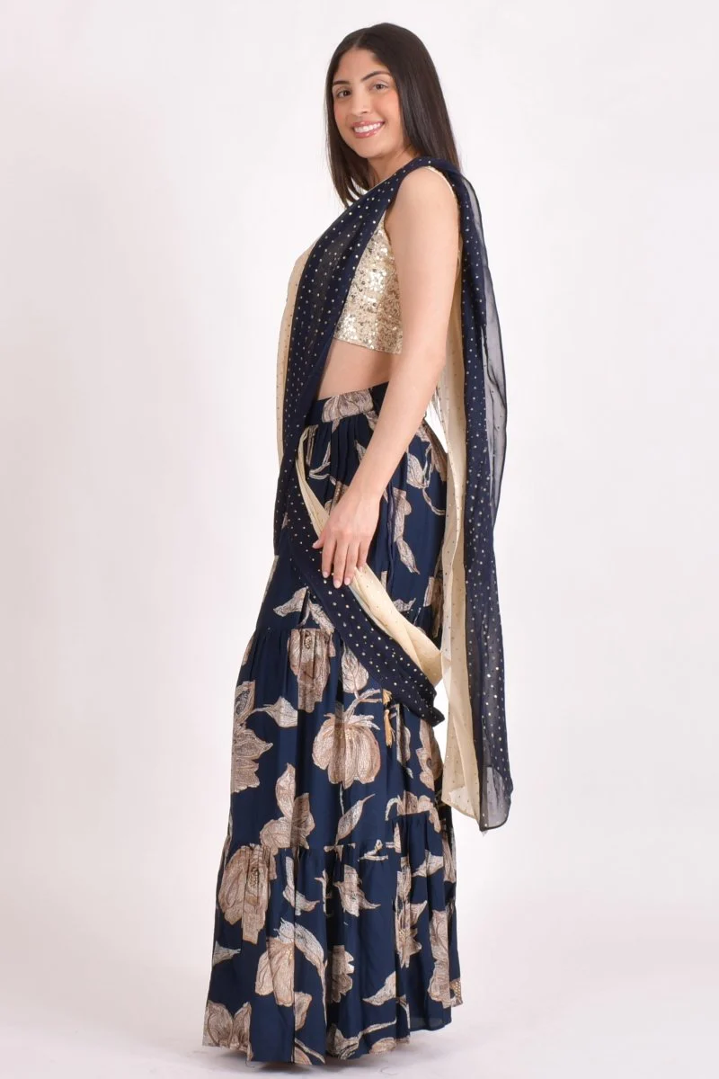Navy Floral Sequin Ruffle Saree - Image 4