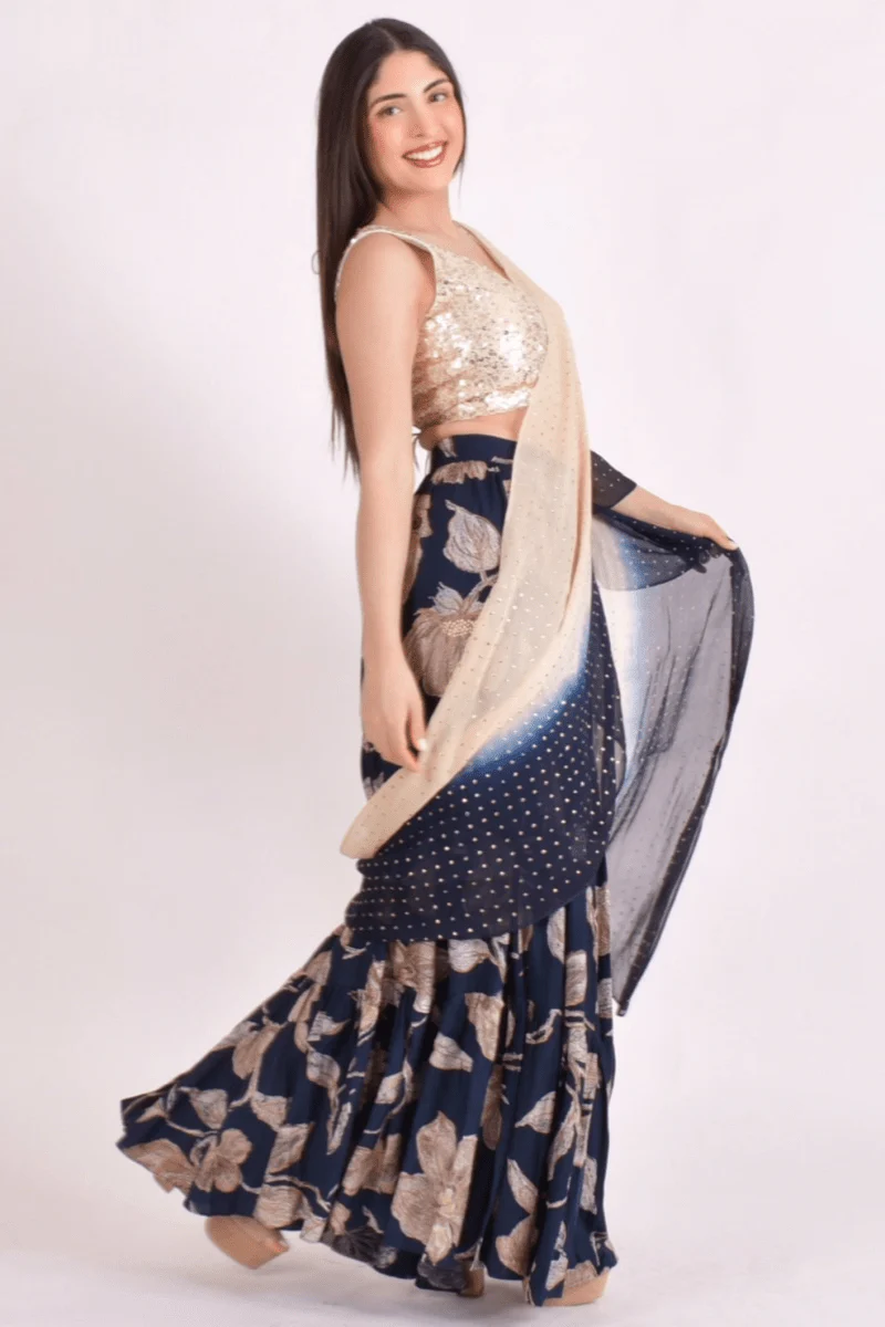 Navy Floral Sequin Ruffle Saree - Image 5