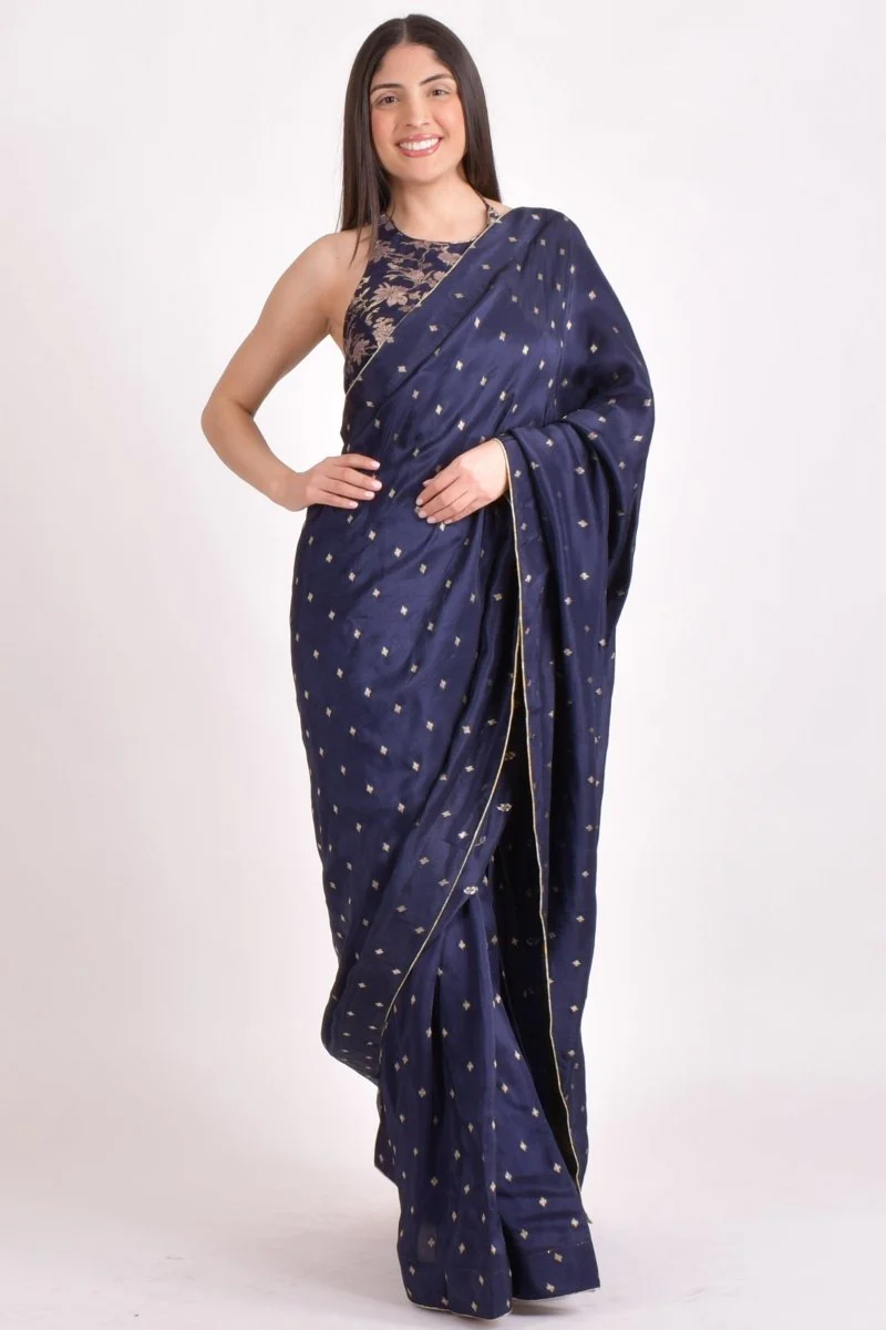 Navy Jacquard Floral Pre-Pleated Saree