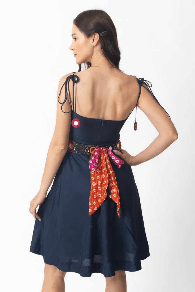 Nina Blue Short Dress with Embroidered Belt - Image 2