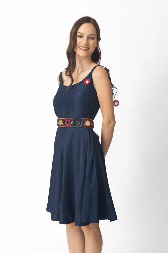 Nina Blue Short Dress with Embroidered Belt - Image 4