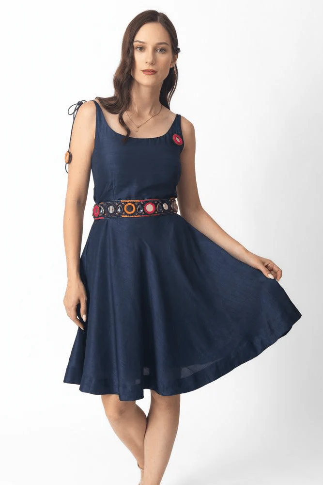 Nina Blue Short Dress with Embroidered Belt - Image 5