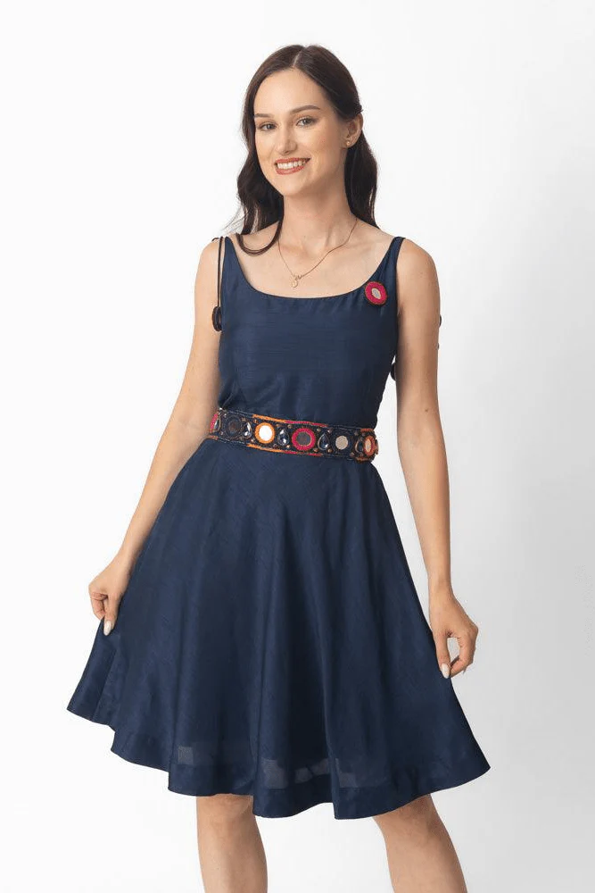 Nina Blue Short Dress with Embroidered Belt - Image 6