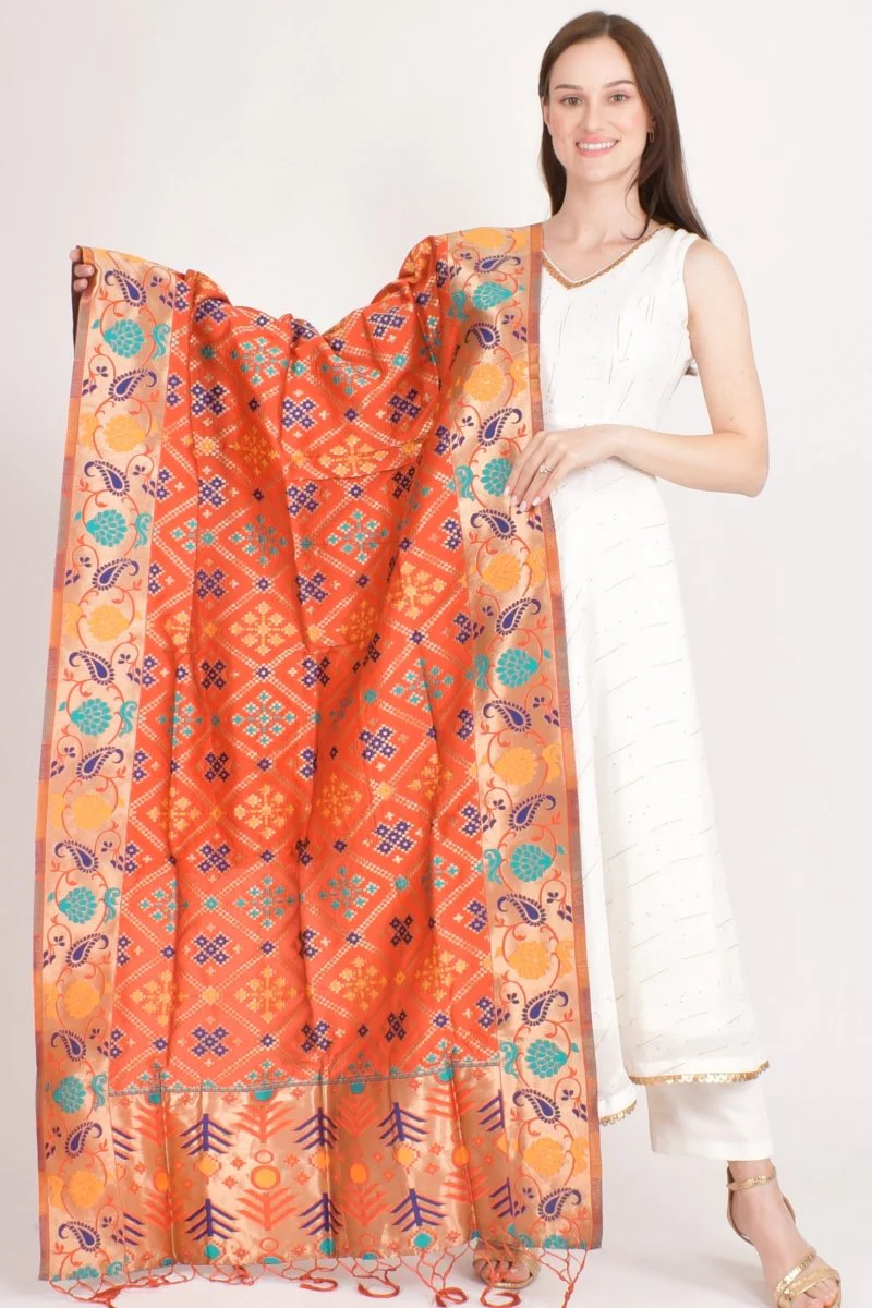 Orange Silk Jacquard Dupatta With Hangings