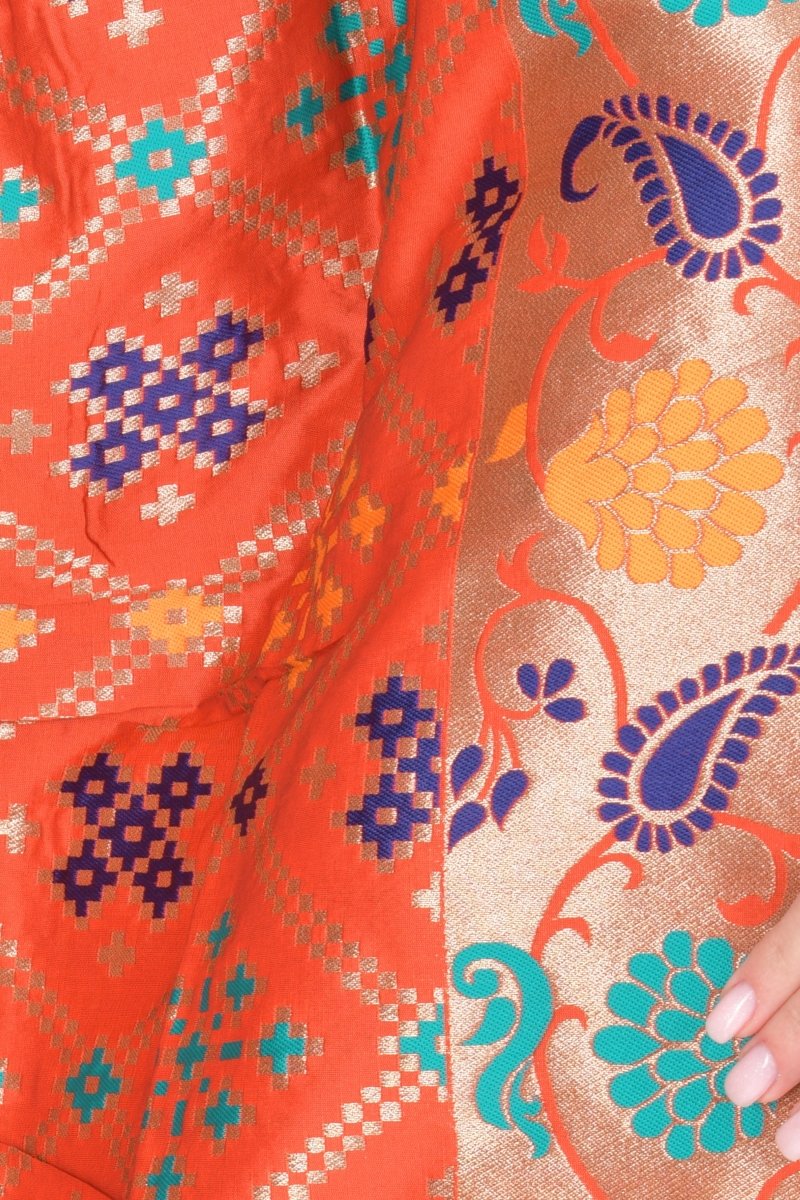 Orange Silk Jacquard Dupatta With Hangings - Image 2