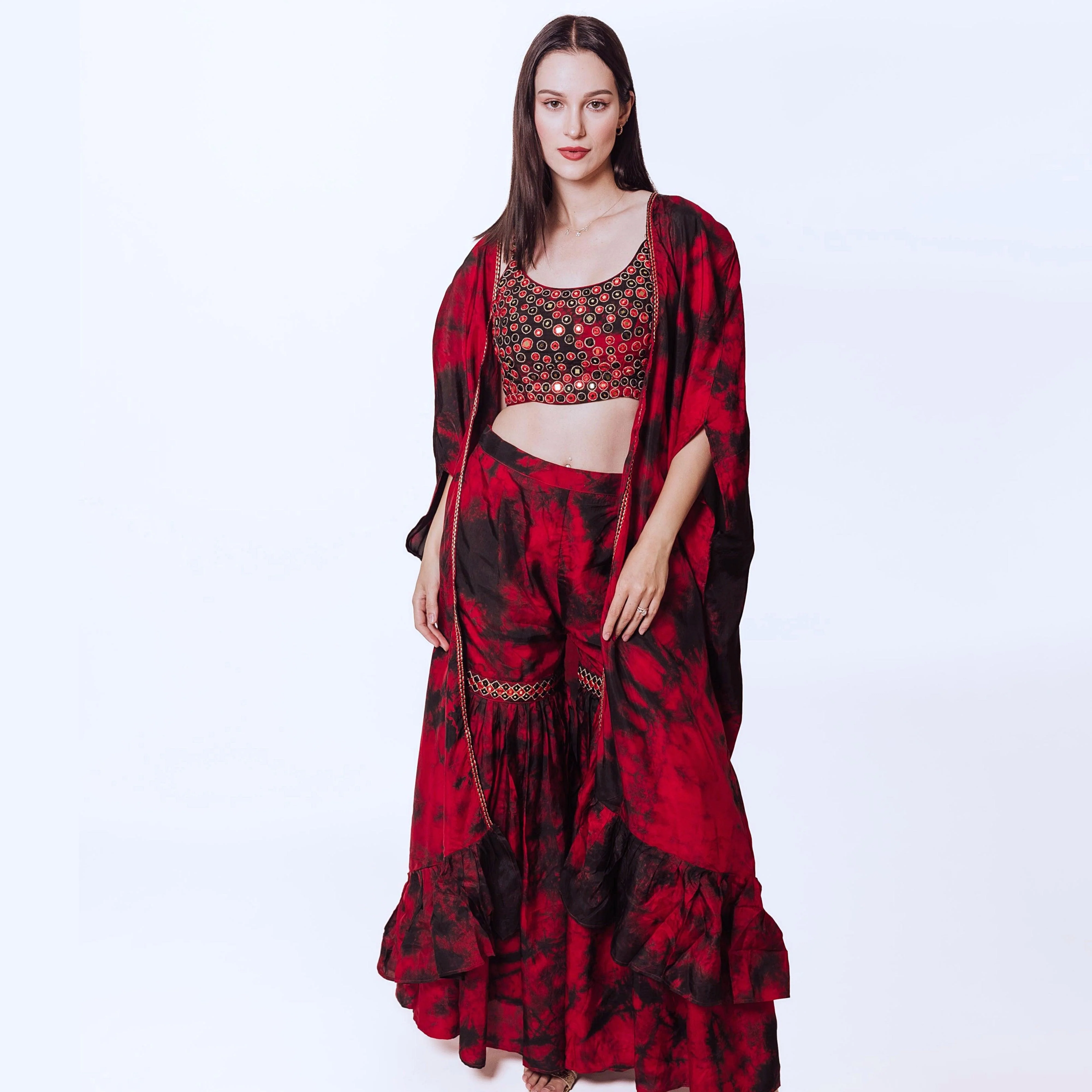 Juliana Hand Tie Dye Palazzo Pantsuit with Hand Embroidered Blouse