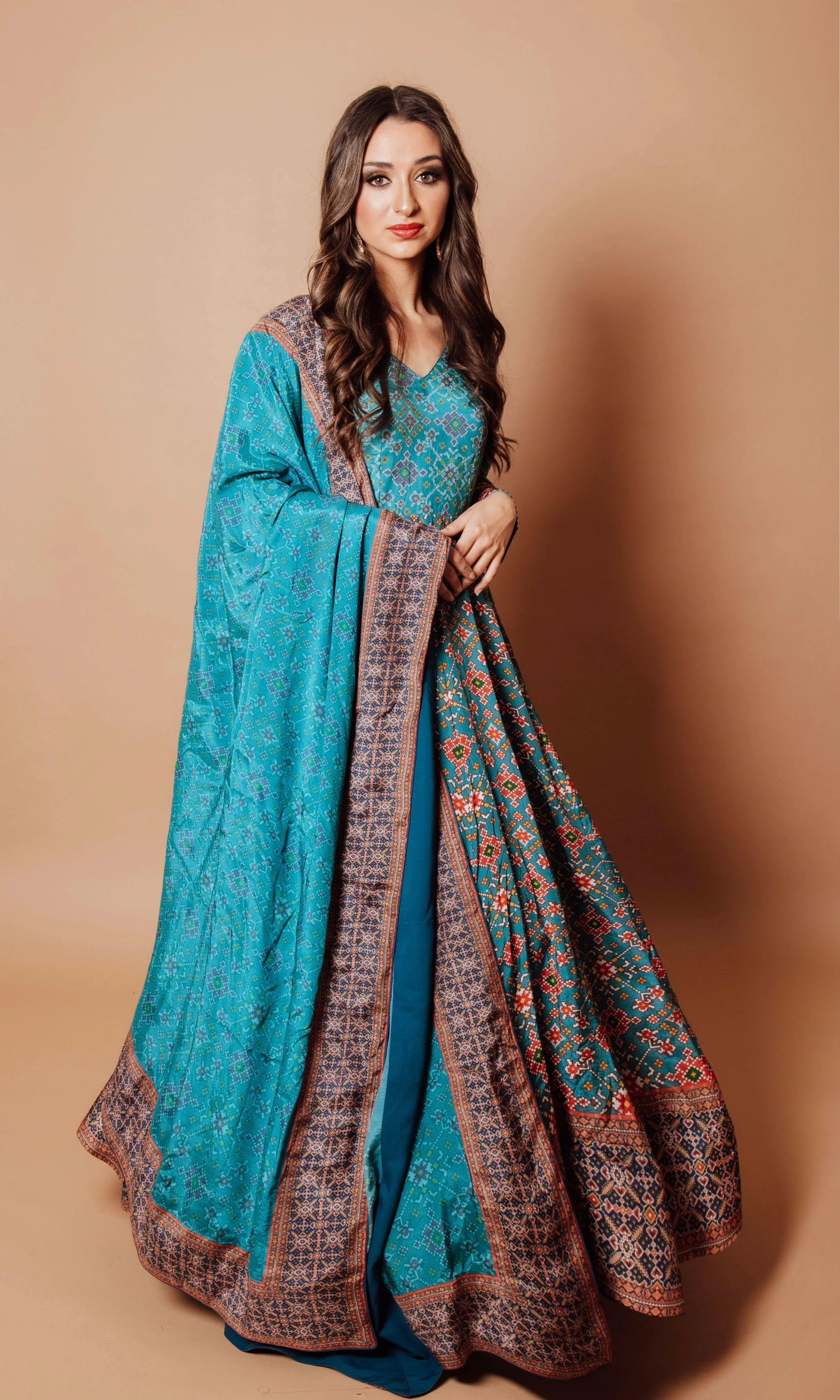 Blue Patola Print Gown with Silk Drape