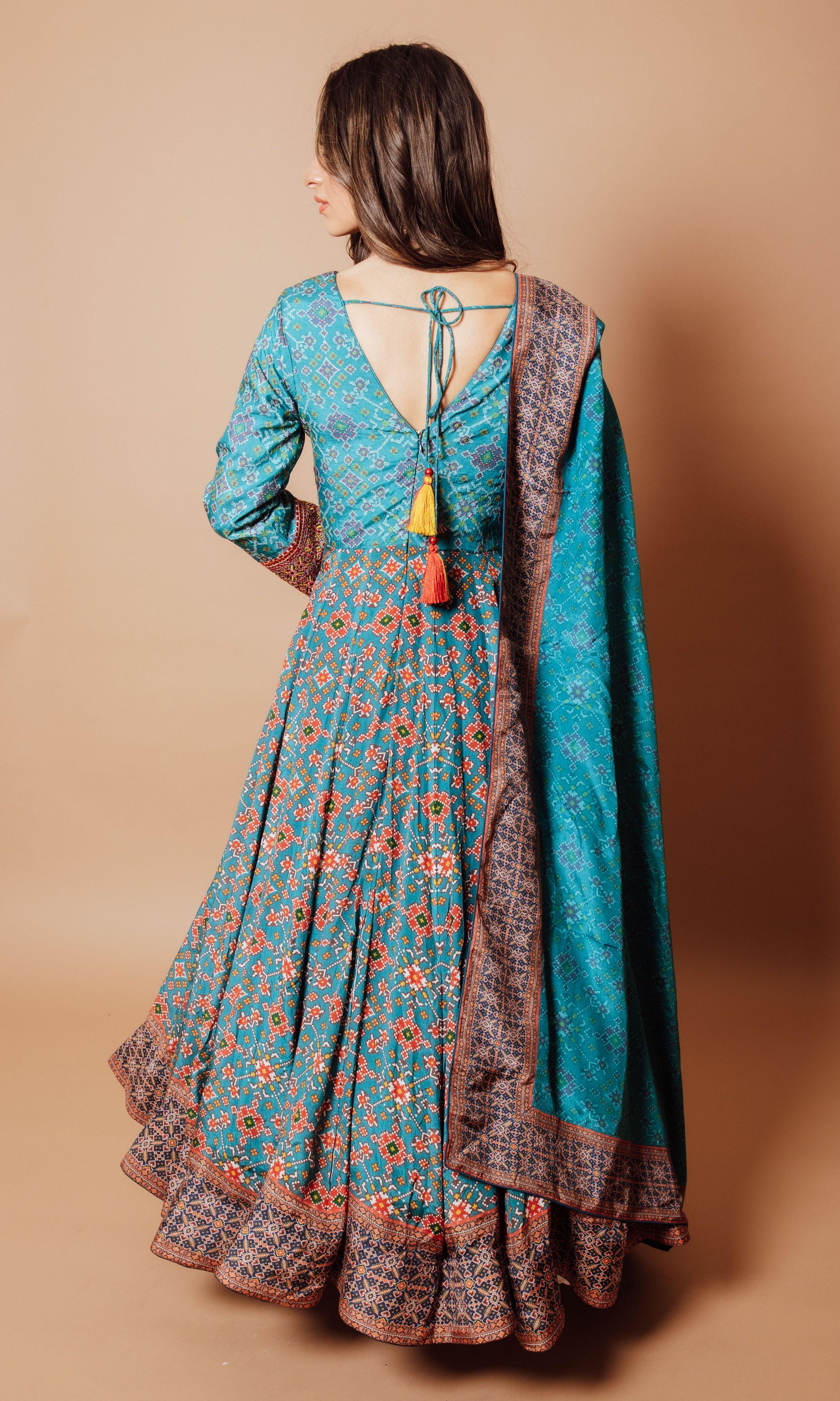 Blue Patola Print Gown with Silk Drape - Image 2