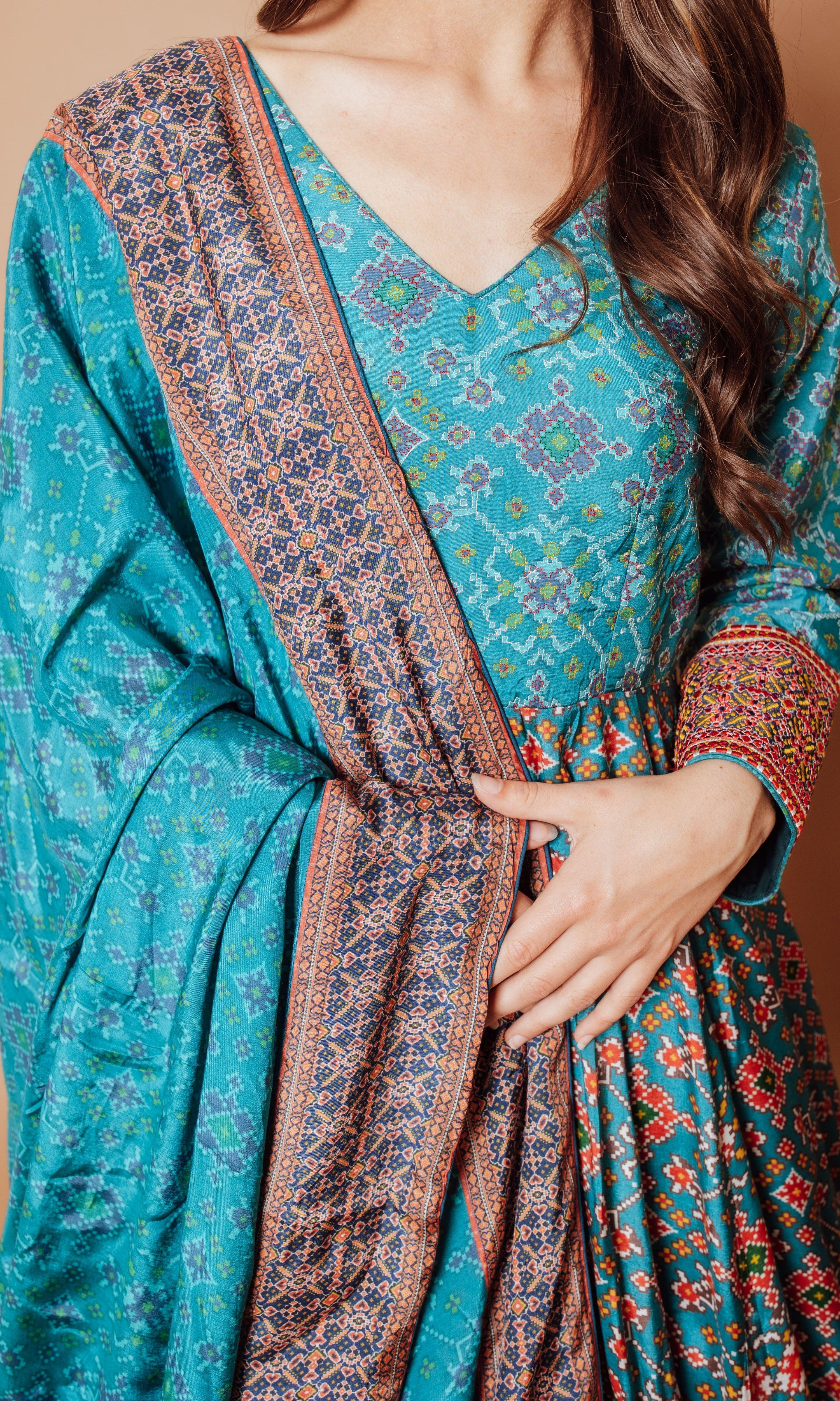 Blue Patola Print Gown with Silk Drape - Image 3