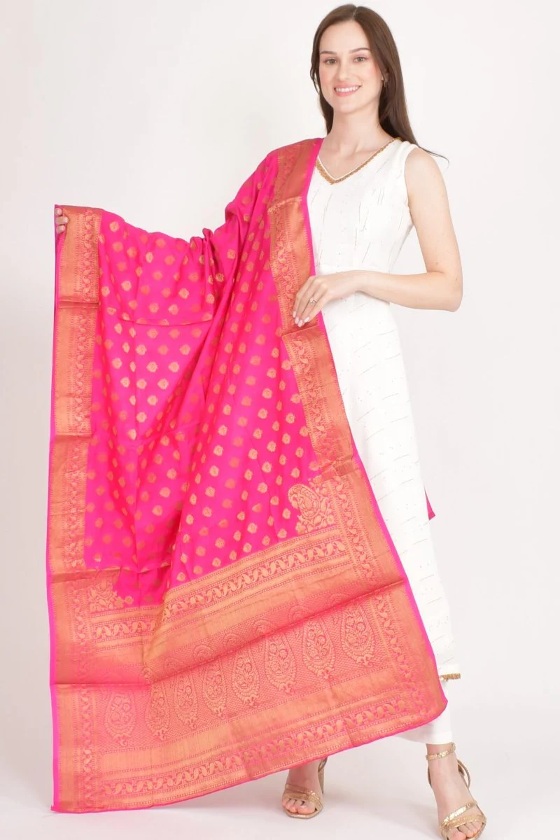 Pink Silk Jacquard Dupatta With Hangings