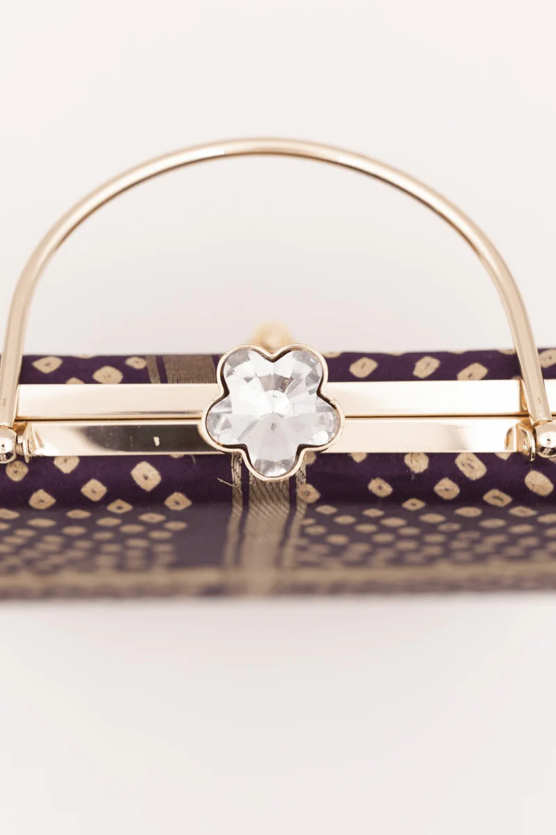 Purple Bandhej Silk Mony Clutch with Gold Chain - Image 3