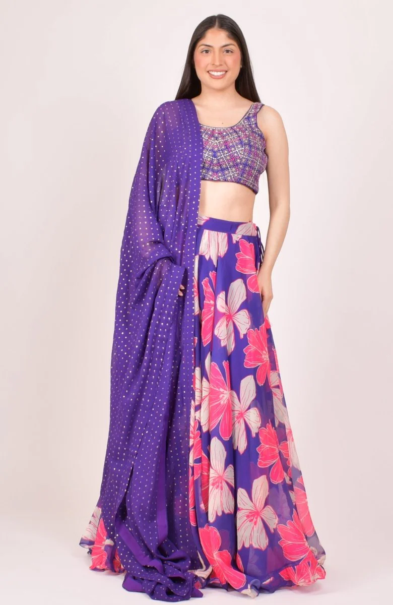 Purple Floral Print Lehenga Choli With Embroidered Blouse & Dupatta