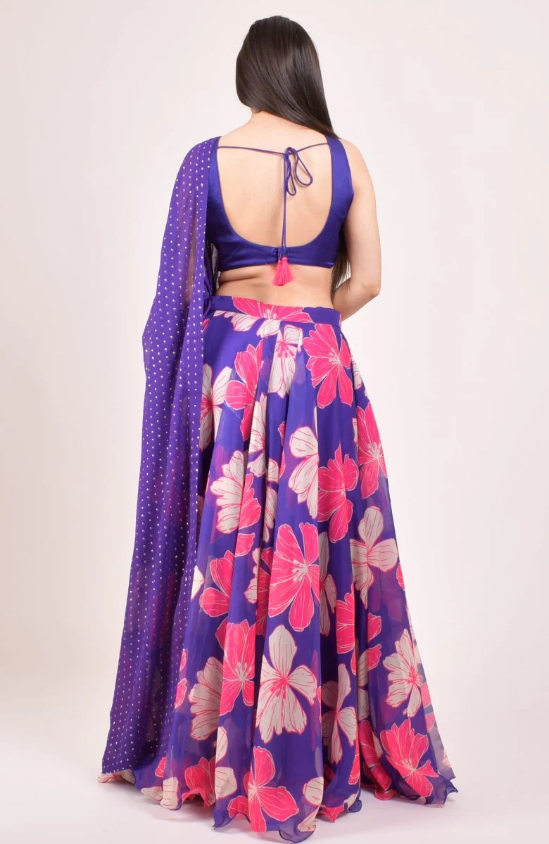 Purple Floral Print Lehenga Choli With Embroidered Blouse & Dupatta - Image 2