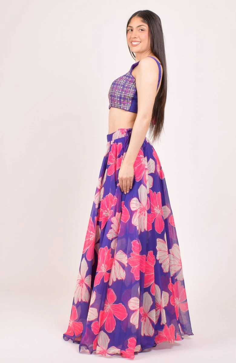 Purple Floral Print Lehenga Choli With Embroidered Blouse & Dupatta - Image 4