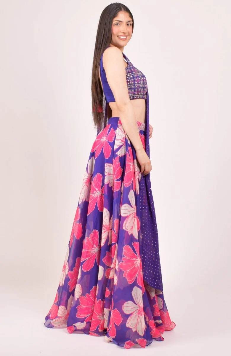 Purple Floral Print Lehenga Choli With Embroidered Blouse & Dupatta - Image 6